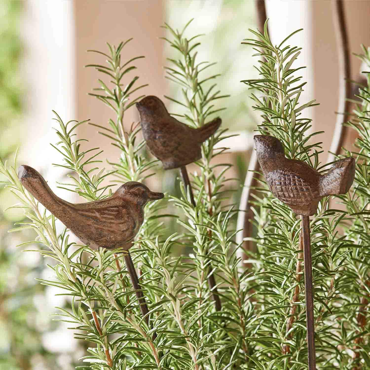 Dekorative braune Metallvögel auf Stäben zwischen grünen Rosmarinzweigen