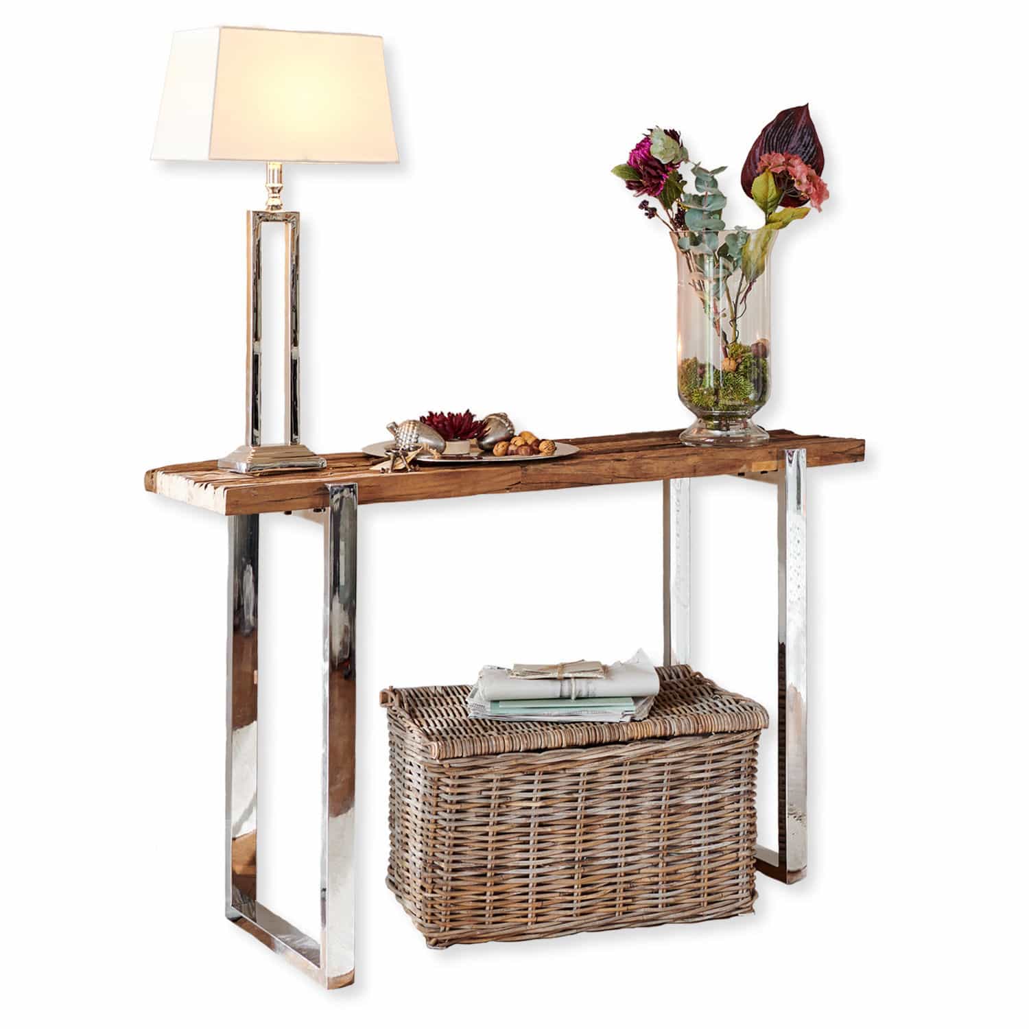 Konsole Holistres Konsole mit Holzplatte und Metallbeinen, dekoriert mit Lampe und Blumenvase
