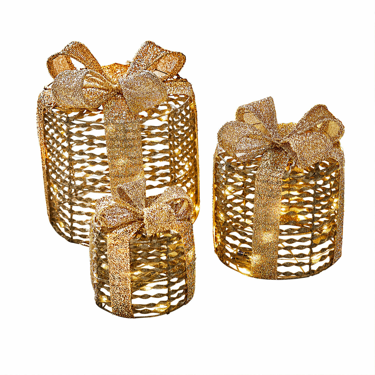 LED-Geschenk 3er Set Lorivane Drei goldene Geschenkdekorationen aus Netzmaterial mit LED-Lichtern für Weihnachten