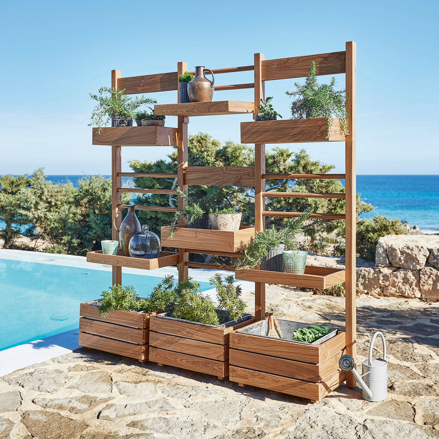 Pflanzregal Lutry Holz-Pflanzkasten mit Regalen für Kräuter und Dekorationen, Naturfarbe, ideal für Garten und Terrasse