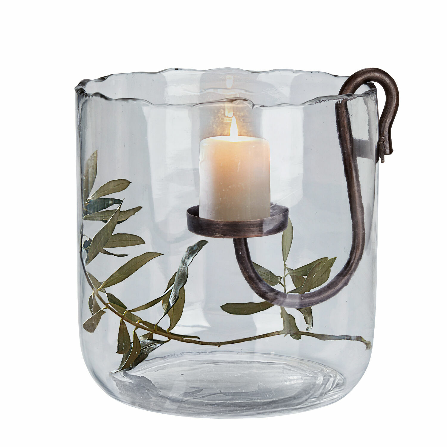 Windlicht Vermand Glas-Windlicht mit Metallhalter und grünen Blättern, dekoratives Wohnaccessoire
