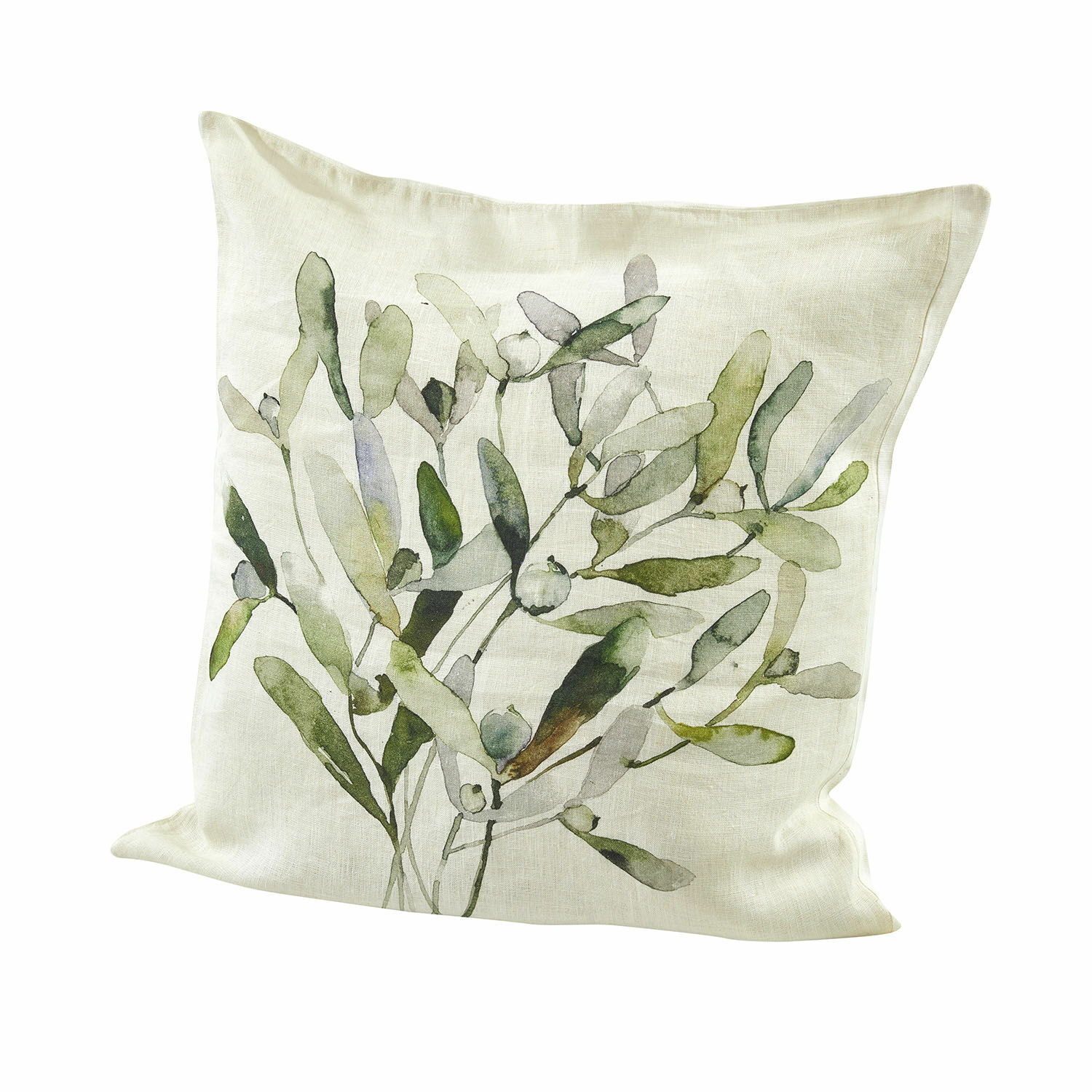Kissenhülle Mistletoe Dekoratives Kissen aus Leinen in Creme mit grünem Pflanzenmotiv für Wohnzimmer