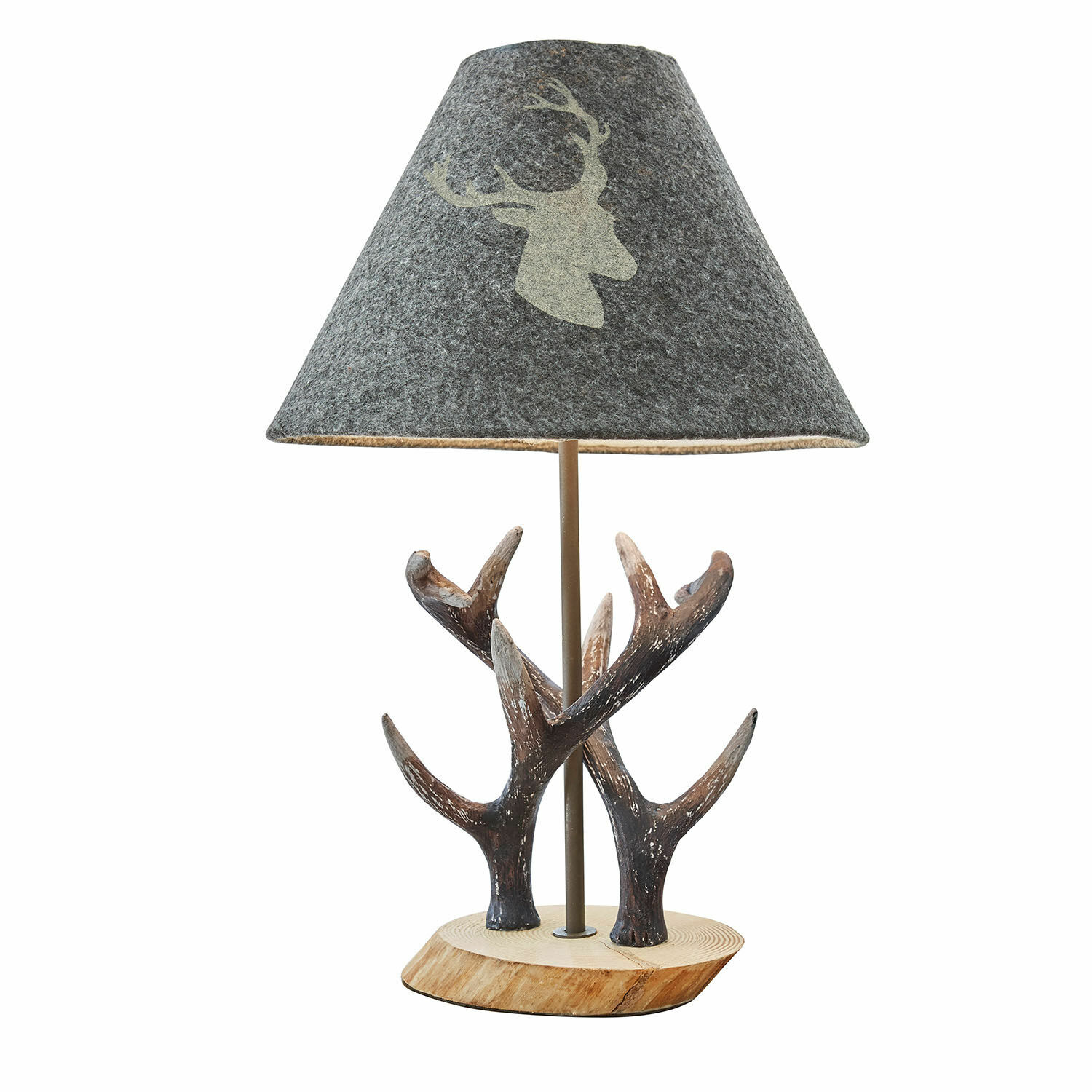 Tischlampe Lodge Tischlampe mit Holzsockel und Geweih-Dekor, grauer Filzschirm mit Hirschmotiv, dekorative Beleuchtung