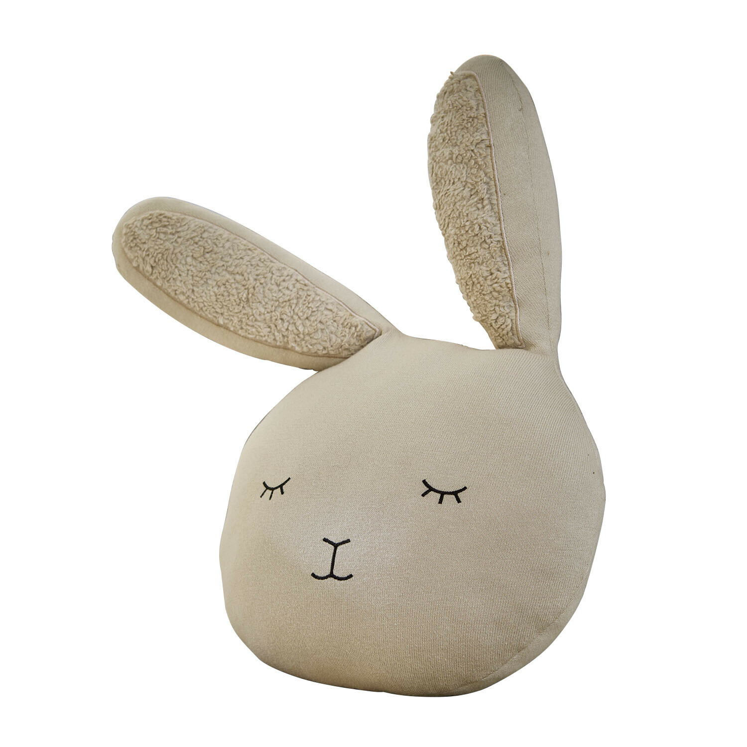 Beige Kissen in Hasenkopf-Form mit weichem Material und gesticktem Gesicht für Kinderzimmer
