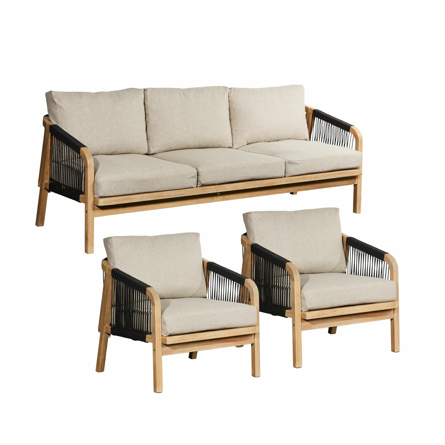 braun/beige Sitzgruppe Shreveport aus FSC-Holz mit beigen Polstern und braunem Gestell, modernes Design für Wohnzimmer