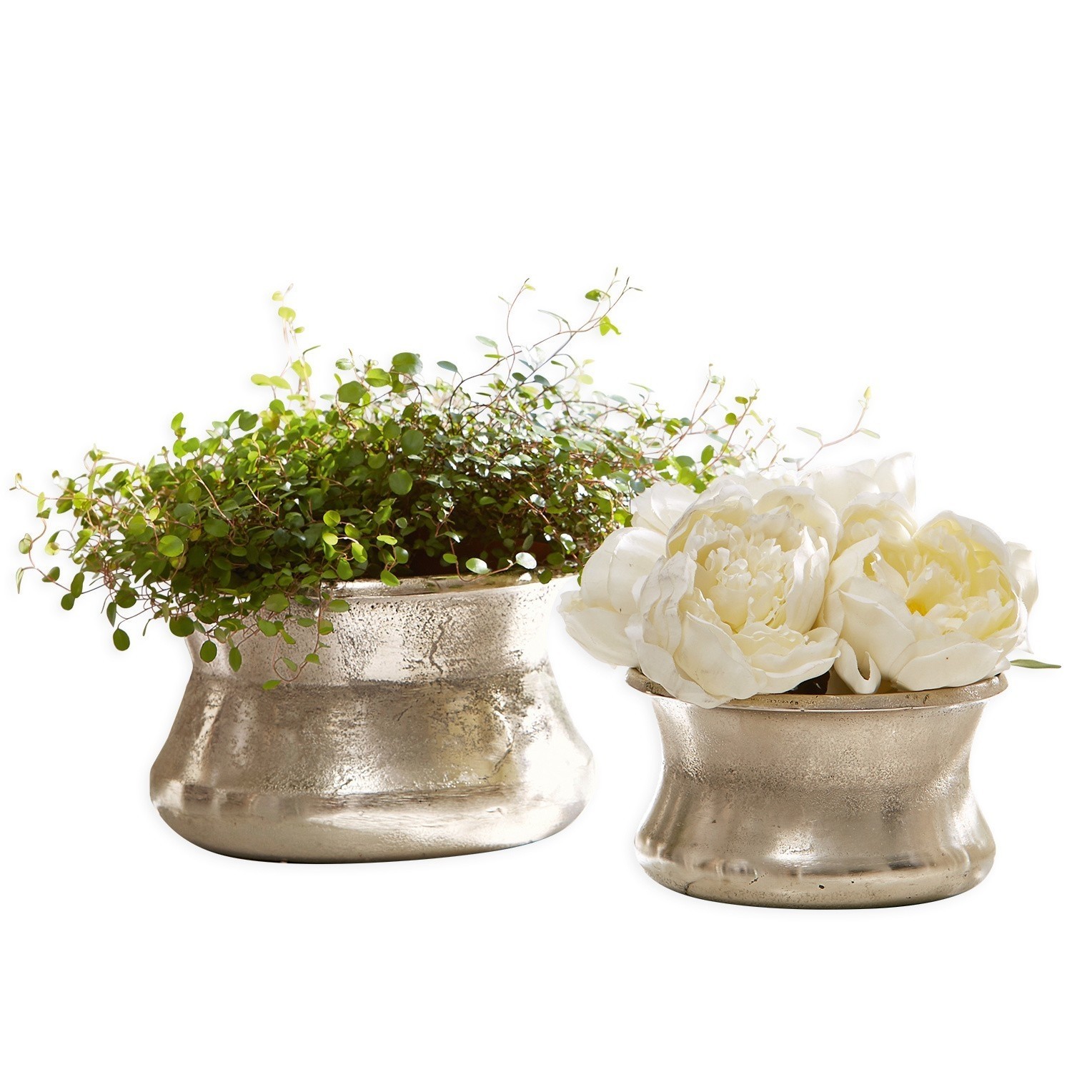 Vase 2er Set Riona Set aus zwei silbernen Metallblumentöpfen mit grünen Pflanzen und weißen Blüten zur Wohnraumdekoration