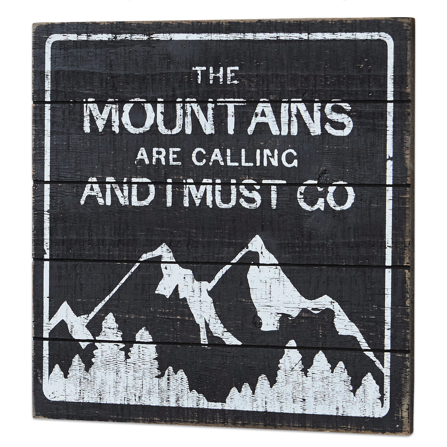Dekoboard Mountain Schwarzes Holzschild mit weißem Schriftzug und Bergmotiv, rustikale Wanddekoration aus Holz