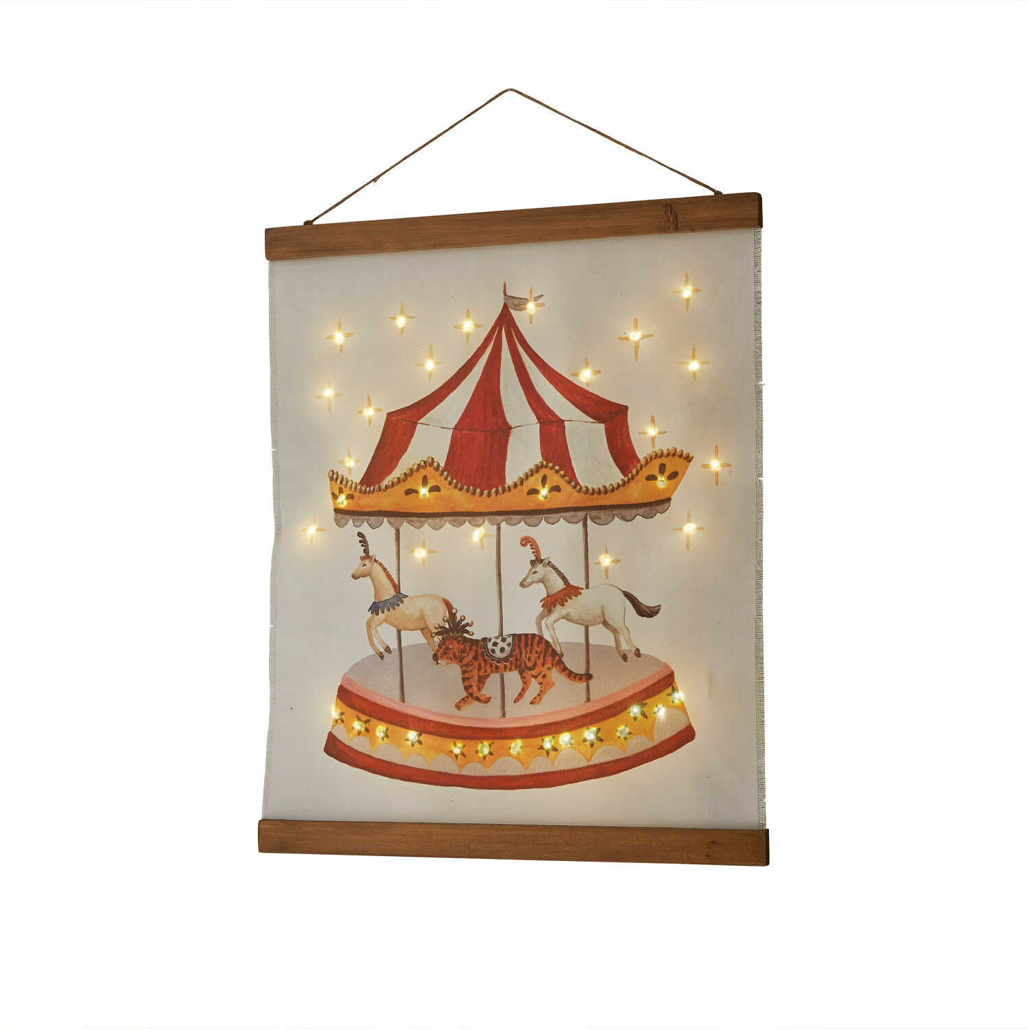 LED-Wandbild Carnaval des Rêves Wanddekoration aus Stoff mit Karussellmotiv und warmen LED-Lichtern für gemütliche Räume.
