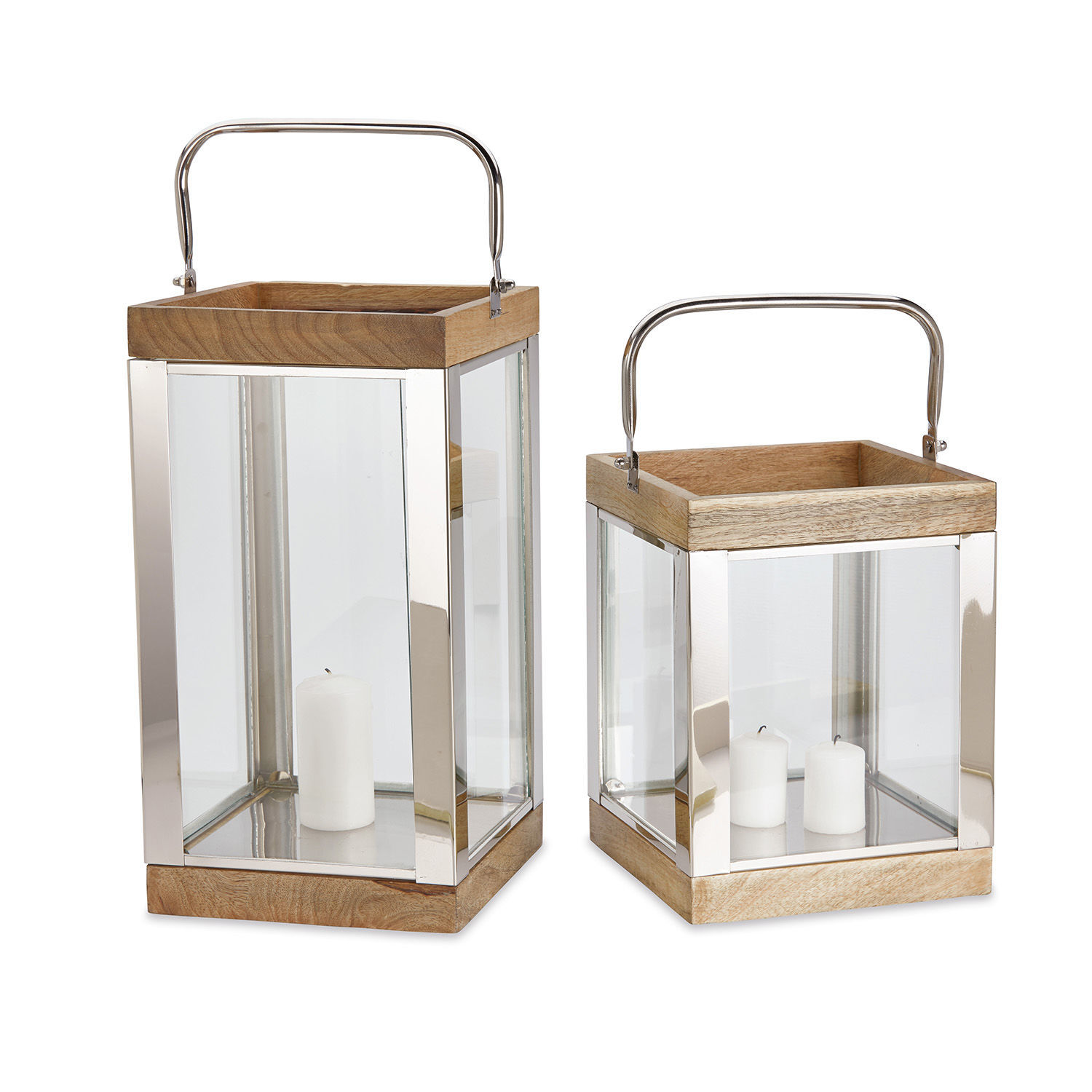 Laterne 2er Set Harpers Set aus zwei Laternen aus Glas und Holz mit Metallgriffen, weiße Kerzen innen