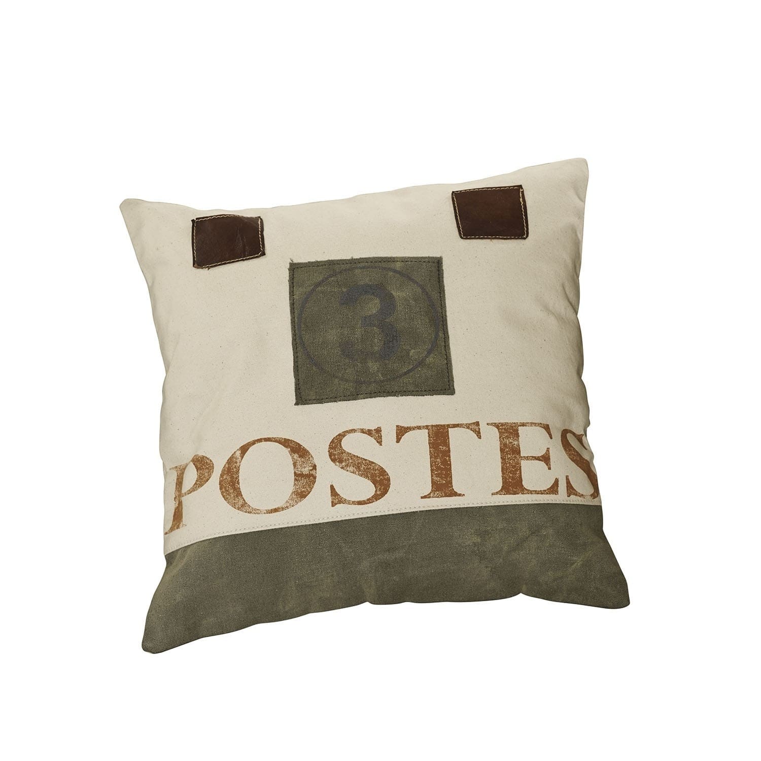 Kissen Postes Beige Baumwollkissen mit grünem Druck und braunen Lederapplikationen als Dekokissen