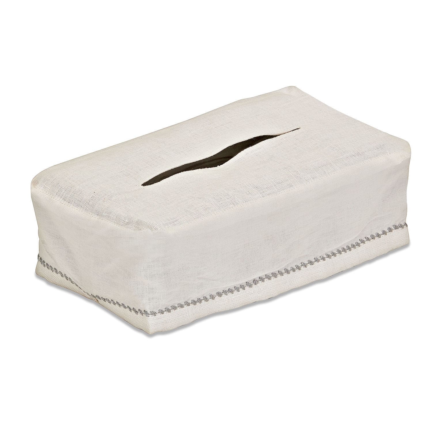 Weiße Baumwollhusse für Taschentuchbox mit grauem Zierband, praktisches Wohnaccessoire