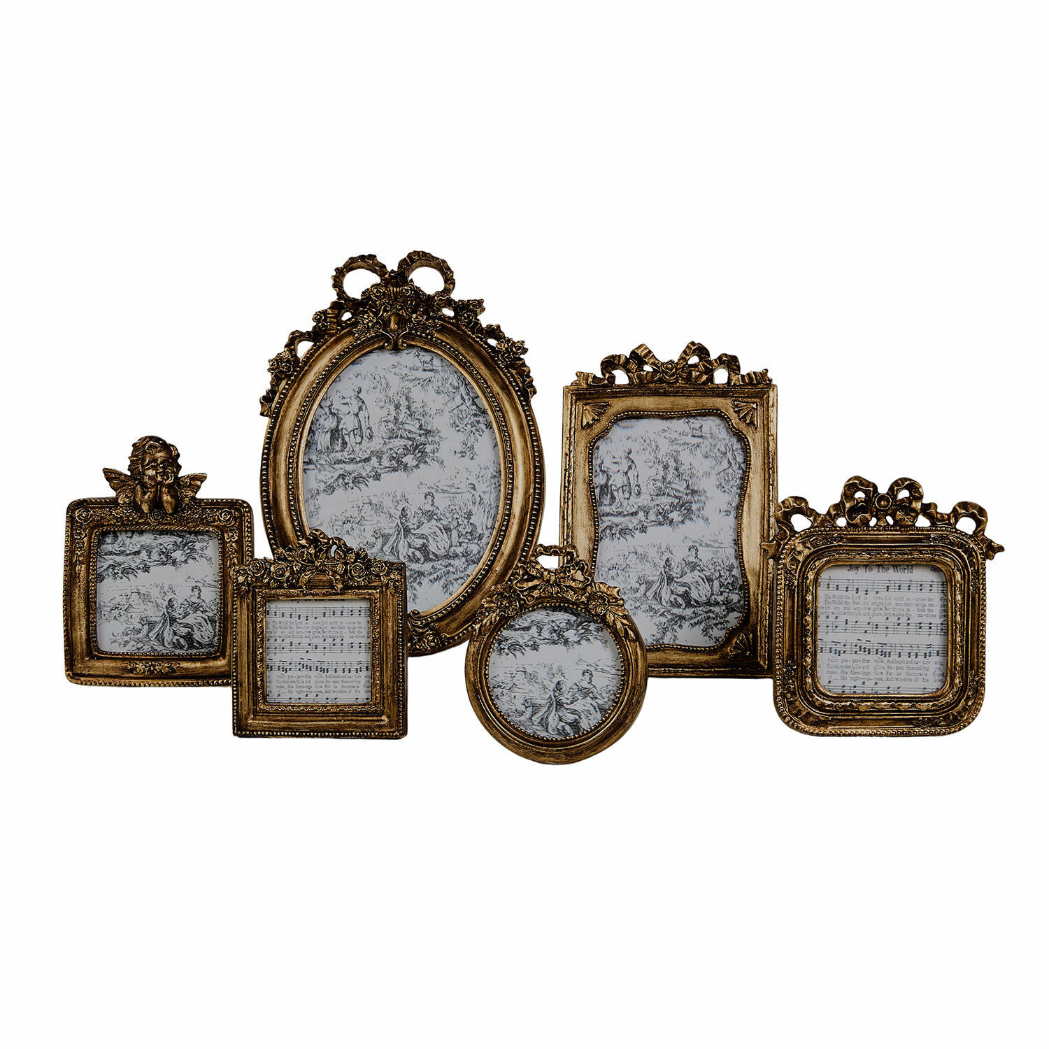 Bilderrahmen 6er Set Fiordano Set aus sechs goldfarbenen Vintage-Bilderrahmen mit Engels- und Notendetails für Fotos