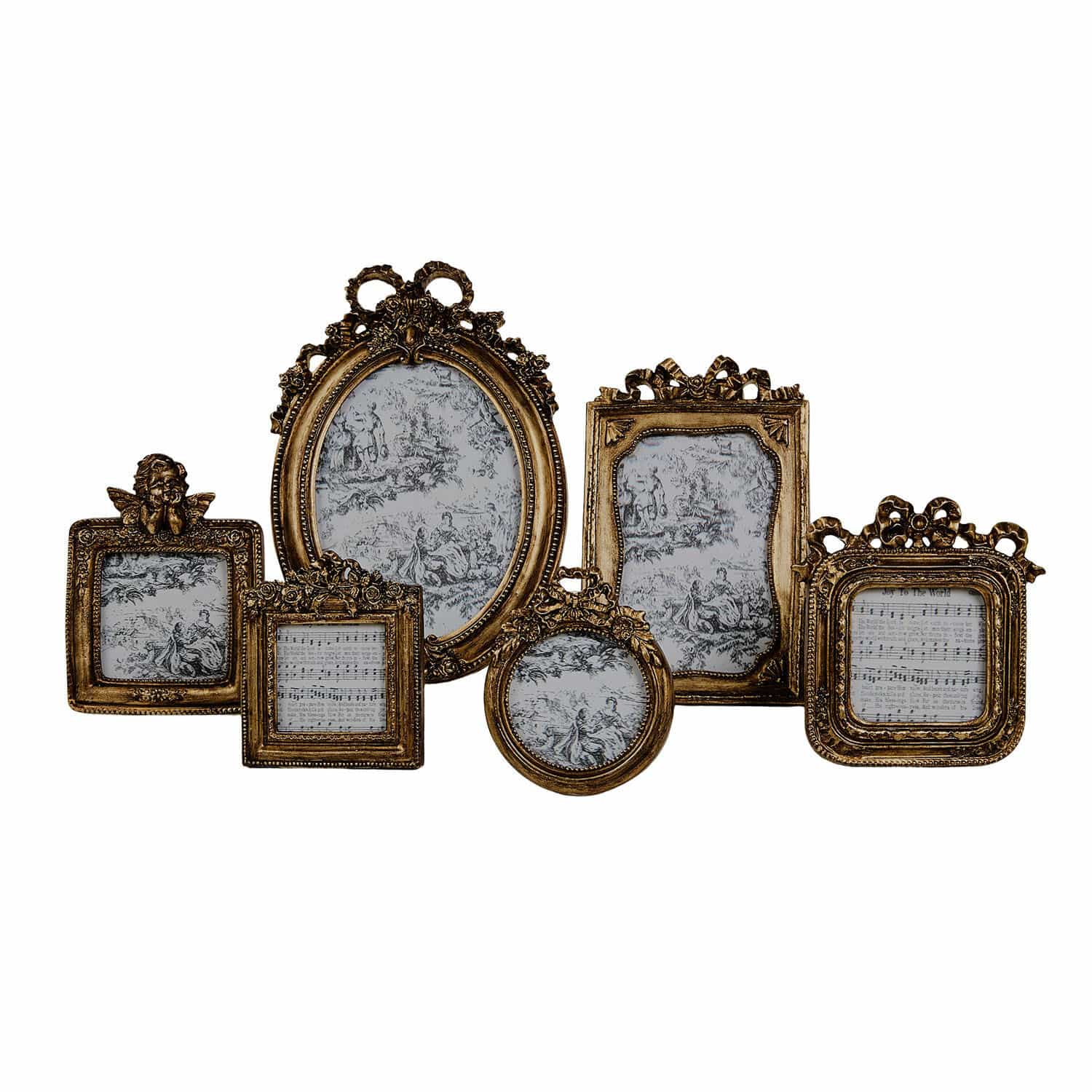 Bilderrahmen 6er Set Fiordano Set aus sechs goldfarbenen Vintage-Bilderrahmen mit Engels- und Notendetails für Fotos