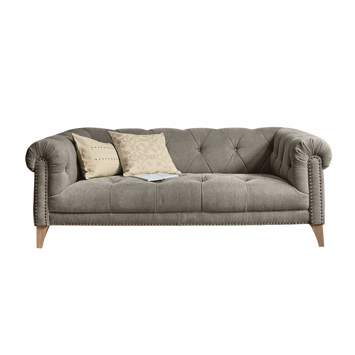 Sofa Sanbornville Grau gepolstertes Sofa mit dekorativen Knöpfen und Holzbeinen, Vintage-Stil für Wohnzimmer