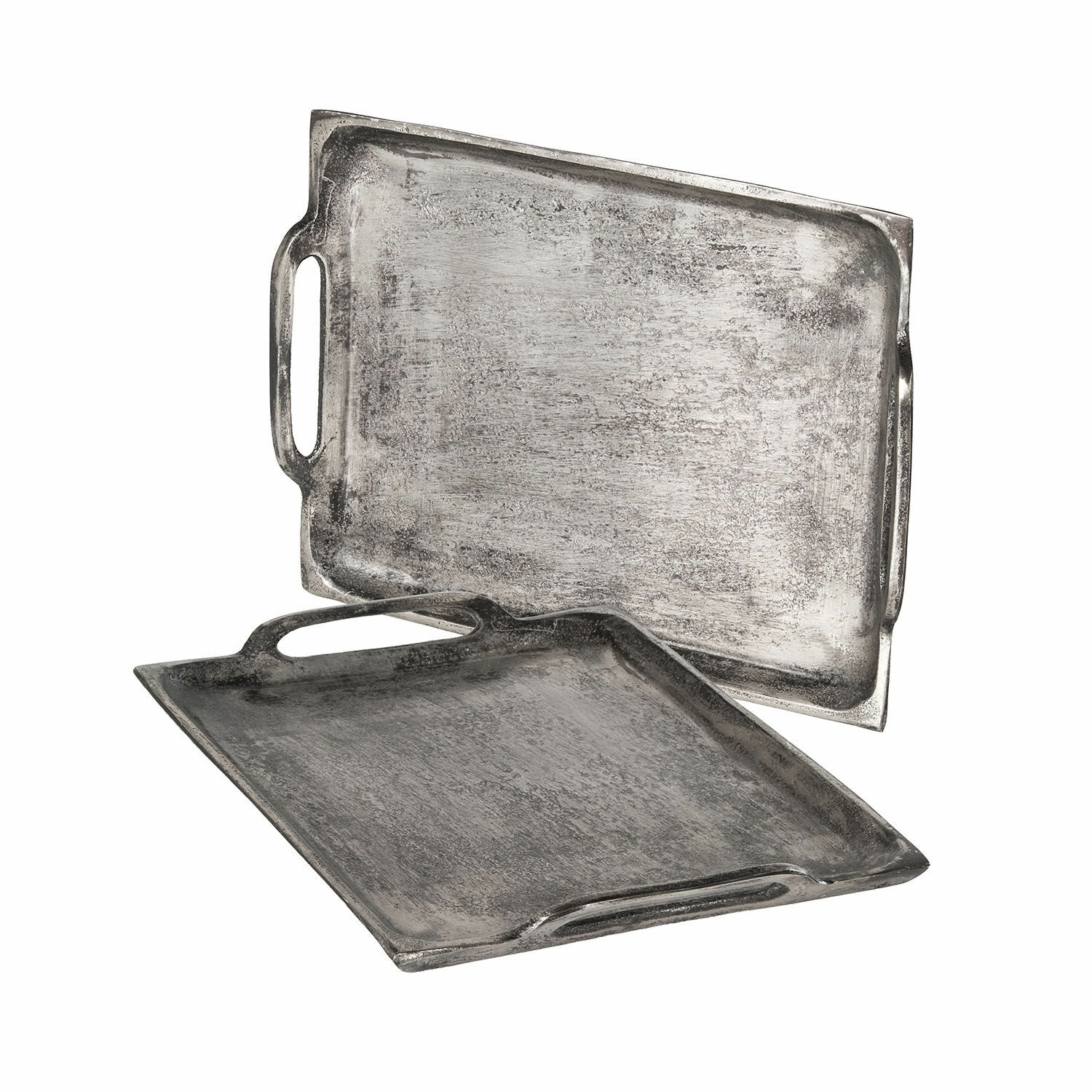 Tablett 2er Set Branora Set aus zwei silbernen Metalltabletts mit Griffen, industrieller Stil zum Servieren
