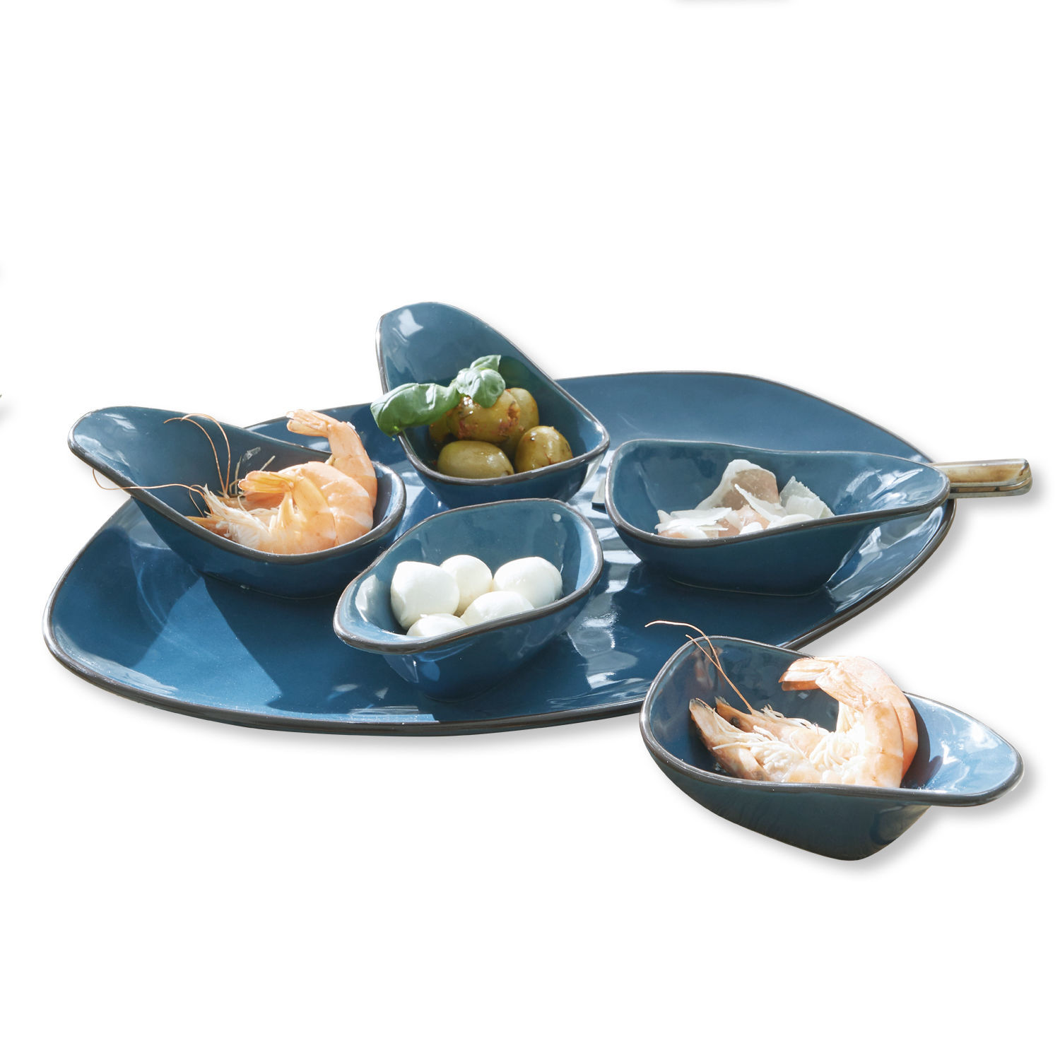 Servierschälchen 6er Set Biarré Blaues Keramikschalen-Set mit Meeresfrüchten und Oliven auf Serviertablett für Snacks