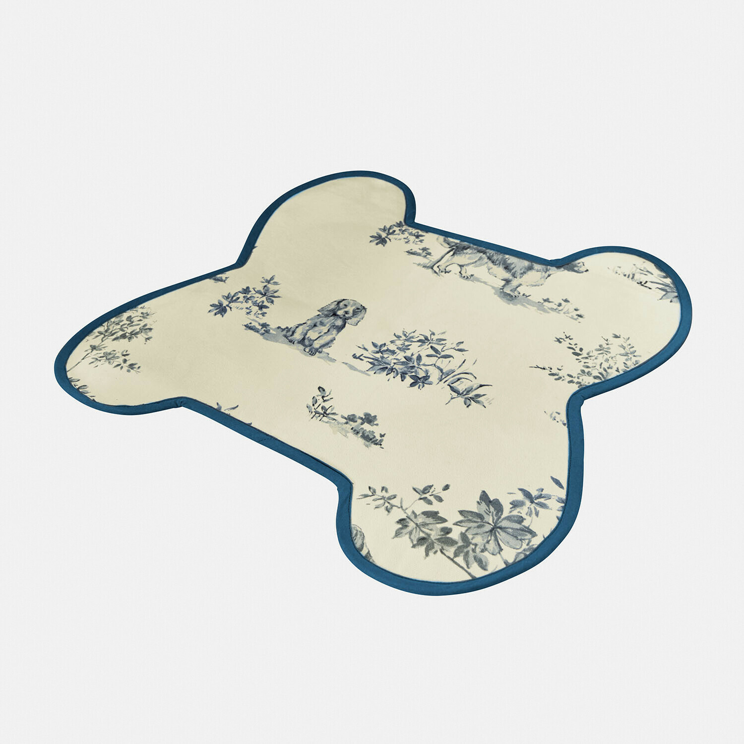 Futternapfunterlage Ymélorine Baumwollteppich in Bärenform in Creme mit blauem Rand und Hunde-Motiv für Wohnräume