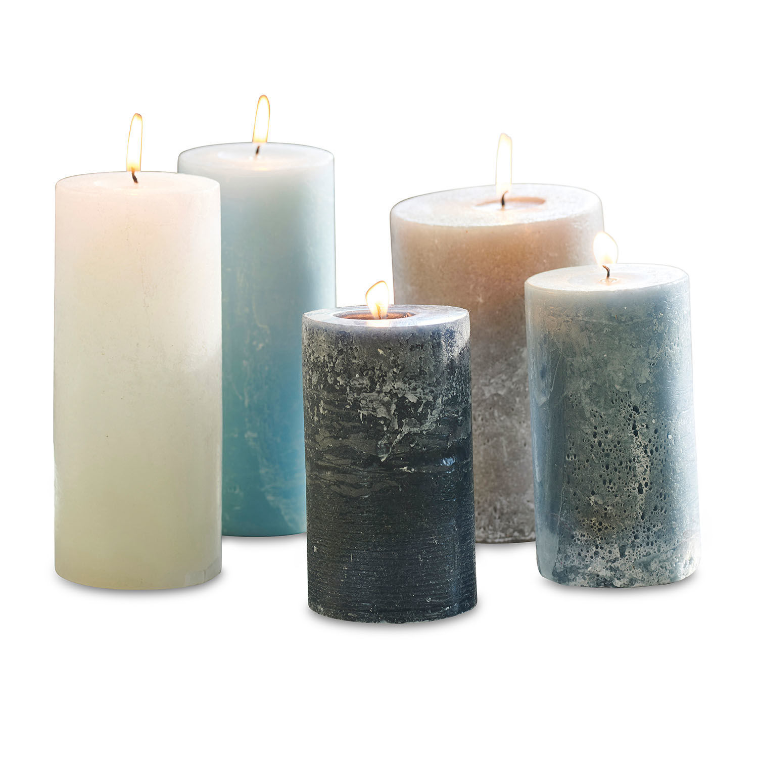 5er Set Panagra Kerzen aus Wachs in Blau und Grau für stimmungsvolle Wohnraumdekoration
