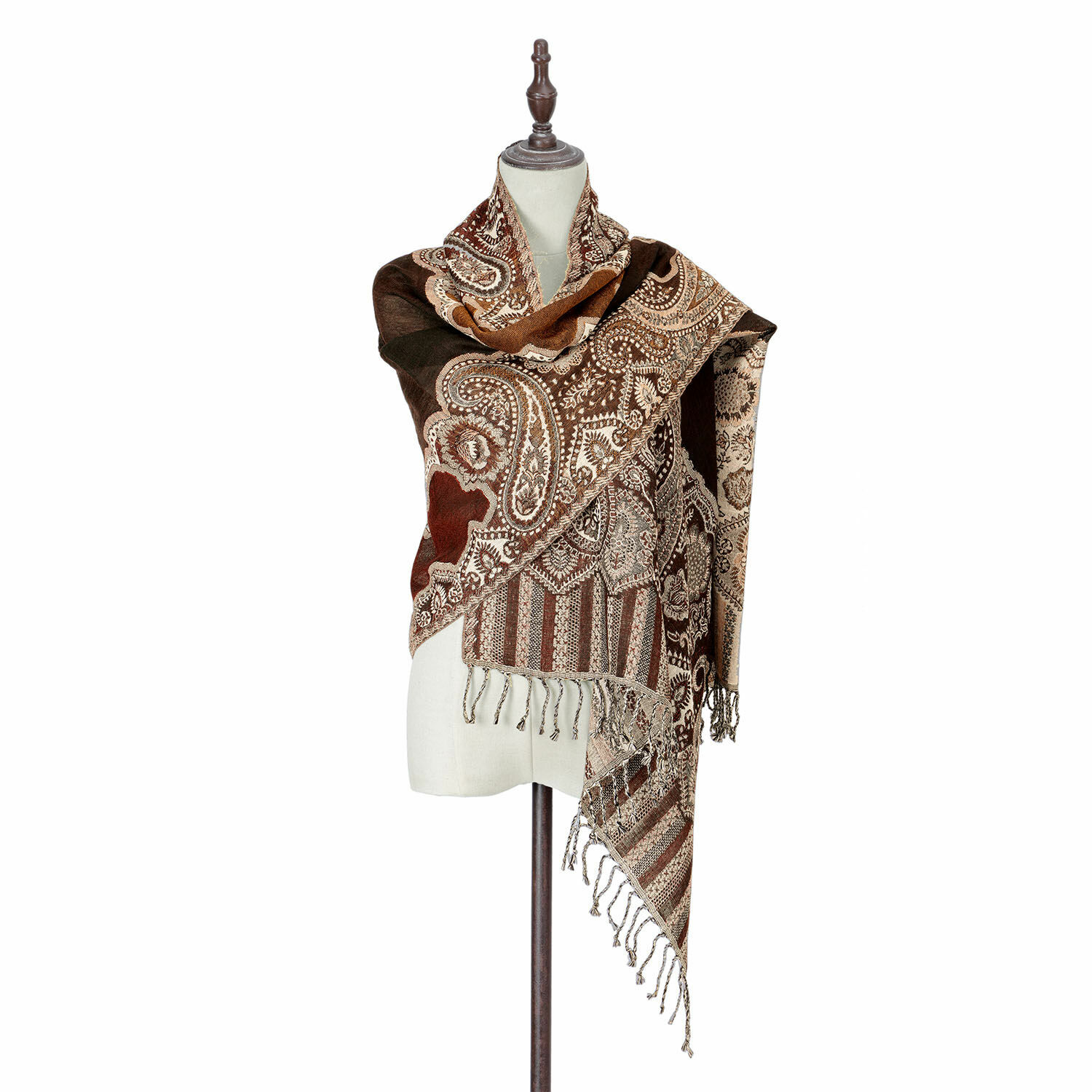 Schal Crédin Brauner Schal mit Paisley-Muster und Fransen, weiches Material, modisches Accessoire für kühle Tage