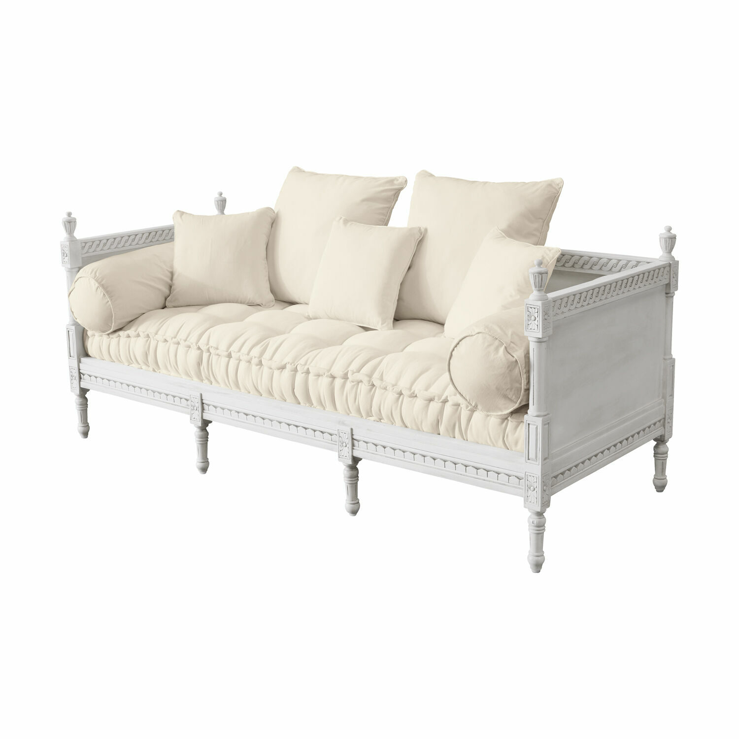 grau/leinen Sofa Douville mit grauem Leinenbezug und weißem Holzrahmen, elegantes Wohnzimmermöbel