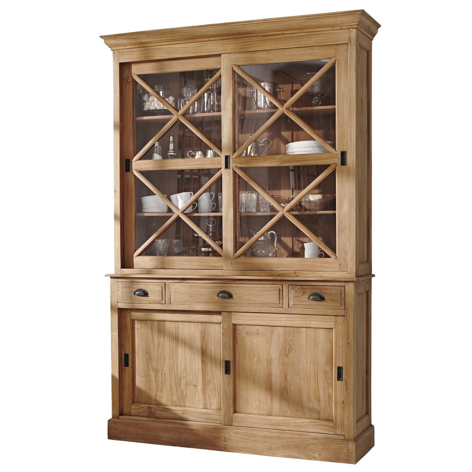 Schrank Kanabec Massive Holzvitrine mit Glastüren und Schubladen in natürlicher Holzfarbe für Wohnzimmer