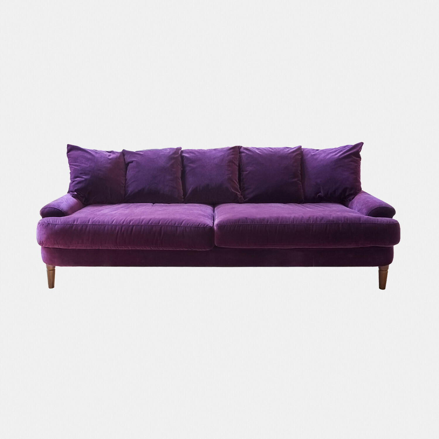 lila Lila Rivermere Sofa aus weichem Samt mit Kissen und Holzbeinen, komfortables Wohnzimmermöbel