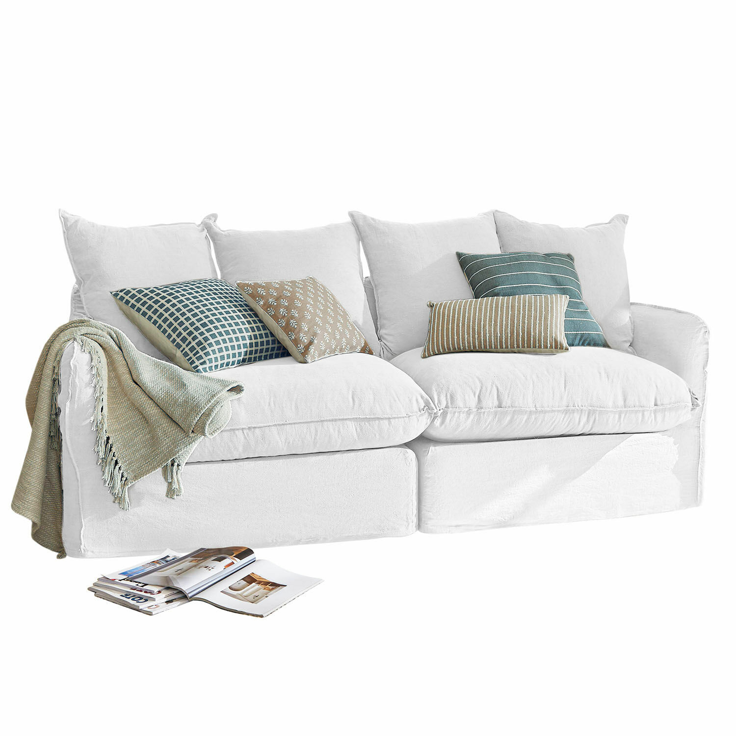 Sofa Dunswater Weißes Stoffsofa mit grünen und beigen gemusterten Kissen und weicher Decke, modernes Wohnzimmer