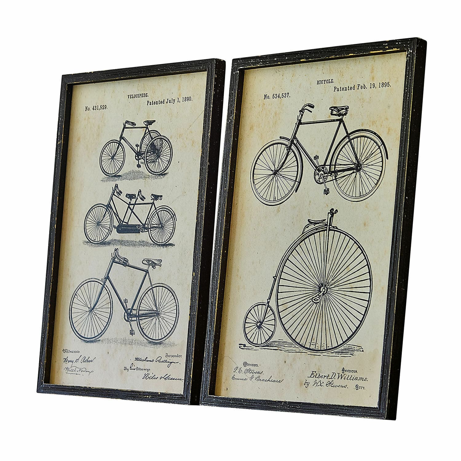 Bild 2er Set Golovine Zwei schwarze Rahmen mit Zeichnungen alter Fahrräder auf beigem Hintergrund, Vintage-Wanddeko