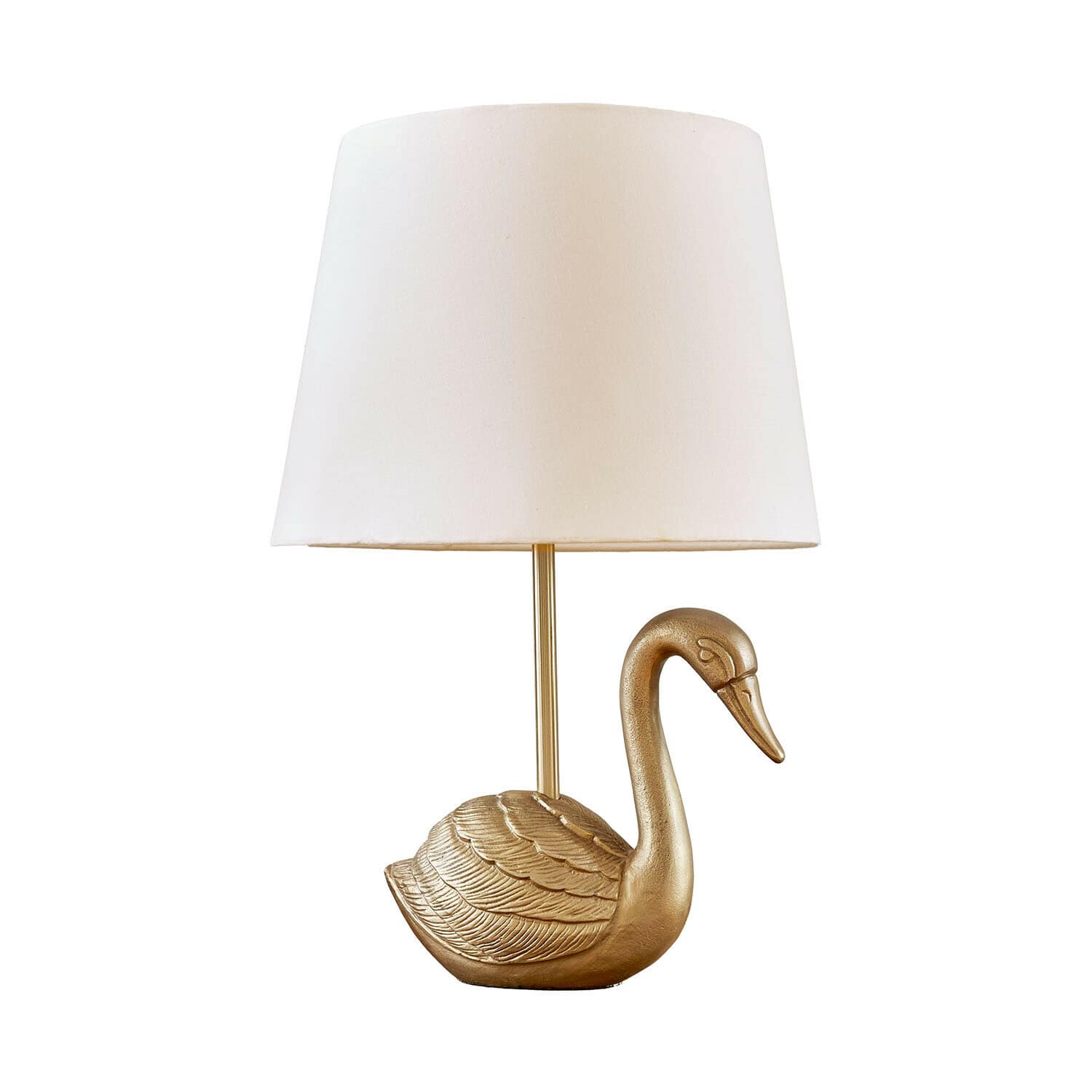 Tischlampe mit weißem Lampenschirm und goldfarbenem Schwan als Sockel, dekorative Wohnraumleuchte