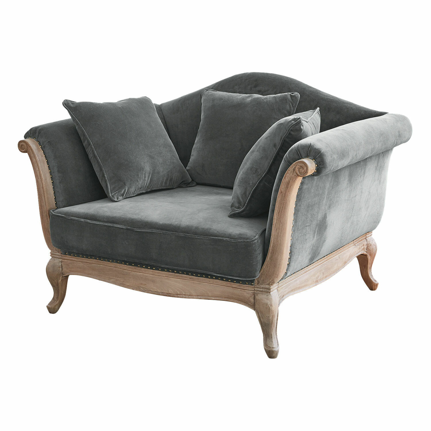 Sessel Sumerset Vintage Sofa mit grauem Samtbezug und natürlichem Holzrahmen, bequeme Kissen