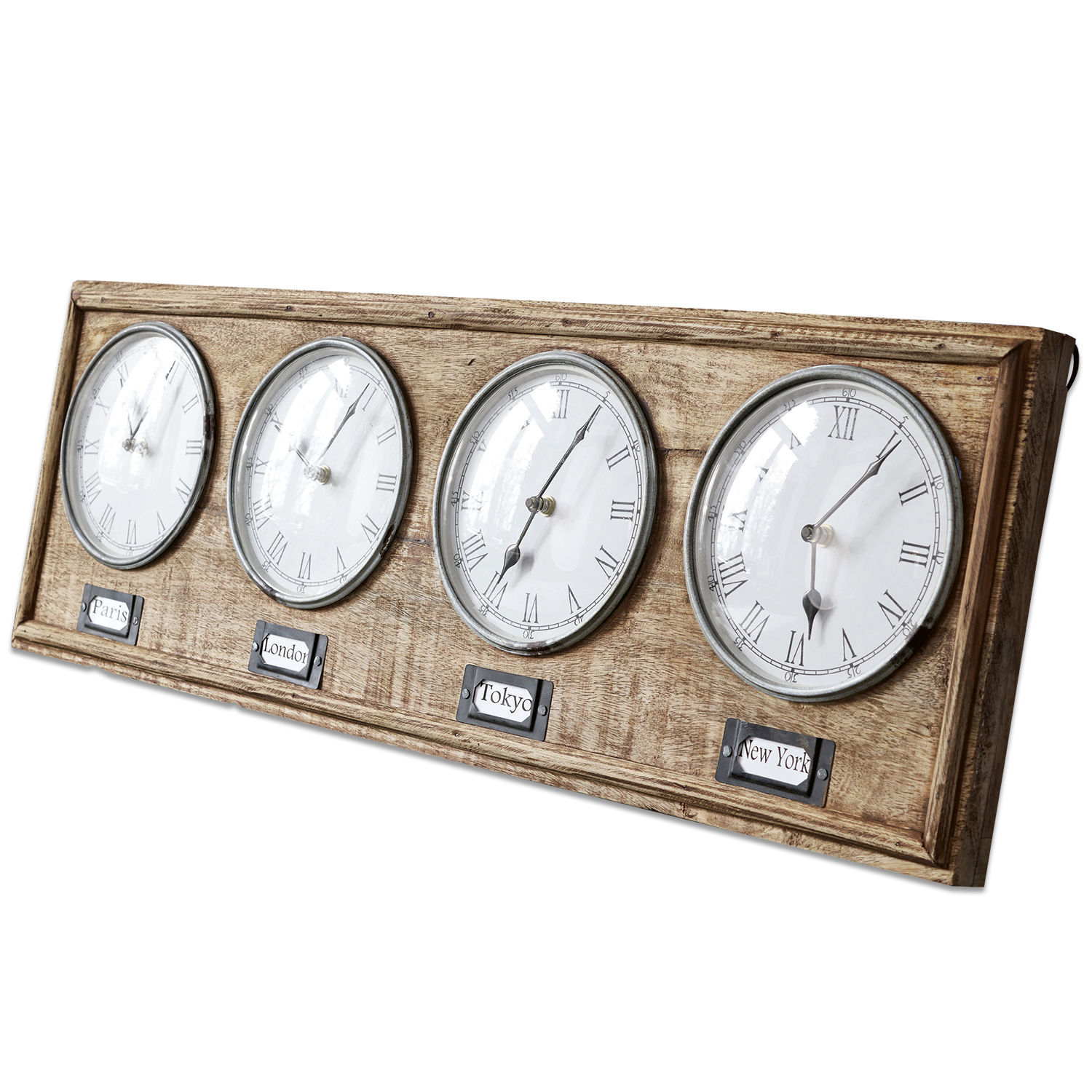 Uhr Posey Wanduhr aus Holz mit vier weißen Zifferblättern und Städtenamen, römische Zahlen