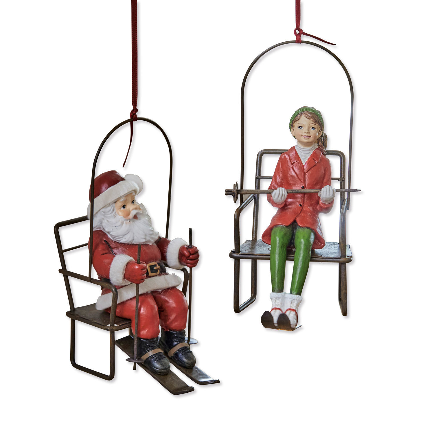 Anhänger 2er Set Ponta Metall-Hängedekorationen mit Figuren von Weihnachtsmann und Mädchen in roten Skikleidung