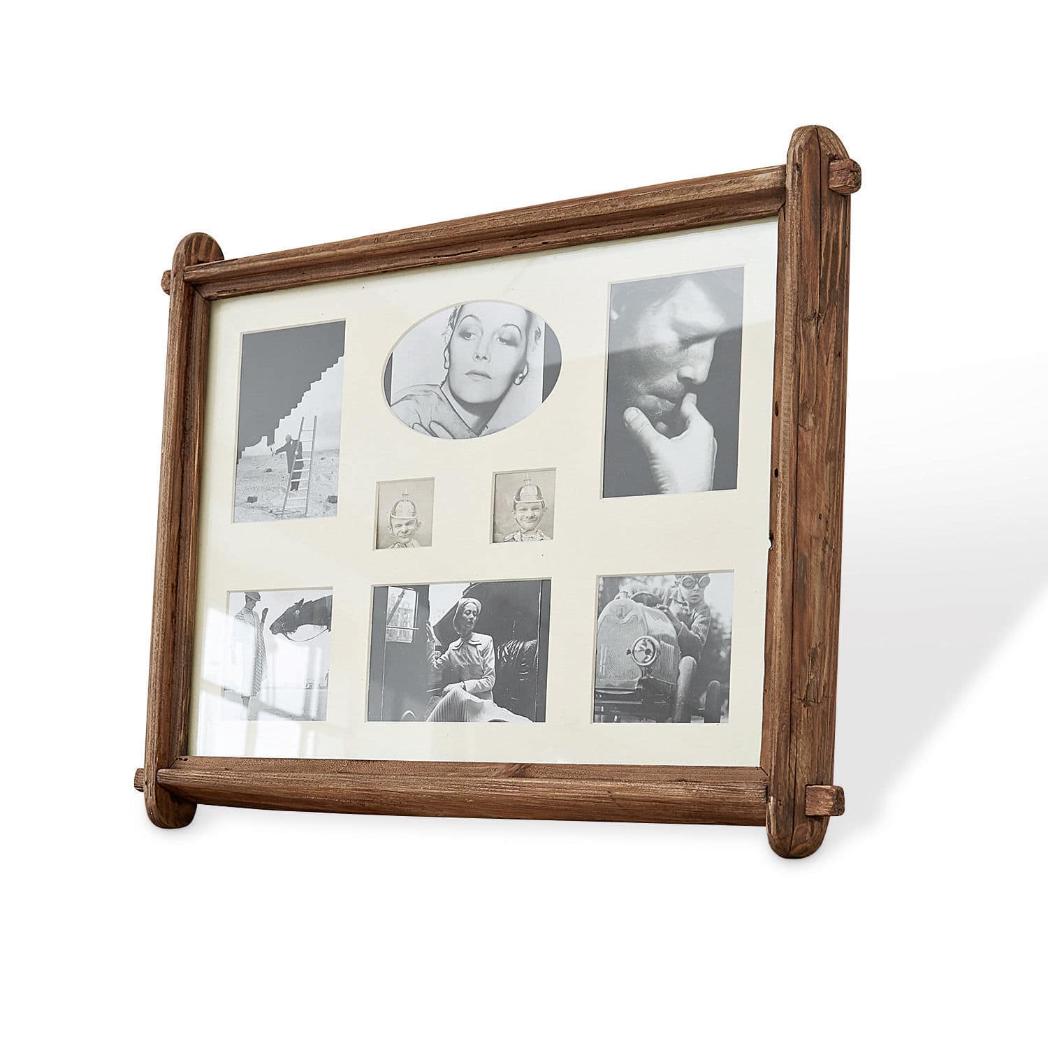 Bilderrahmen Laon Rustikaler brauner Holz-Bilderrahmen mit mehreren schwarz-weißen Vintage-Fotos