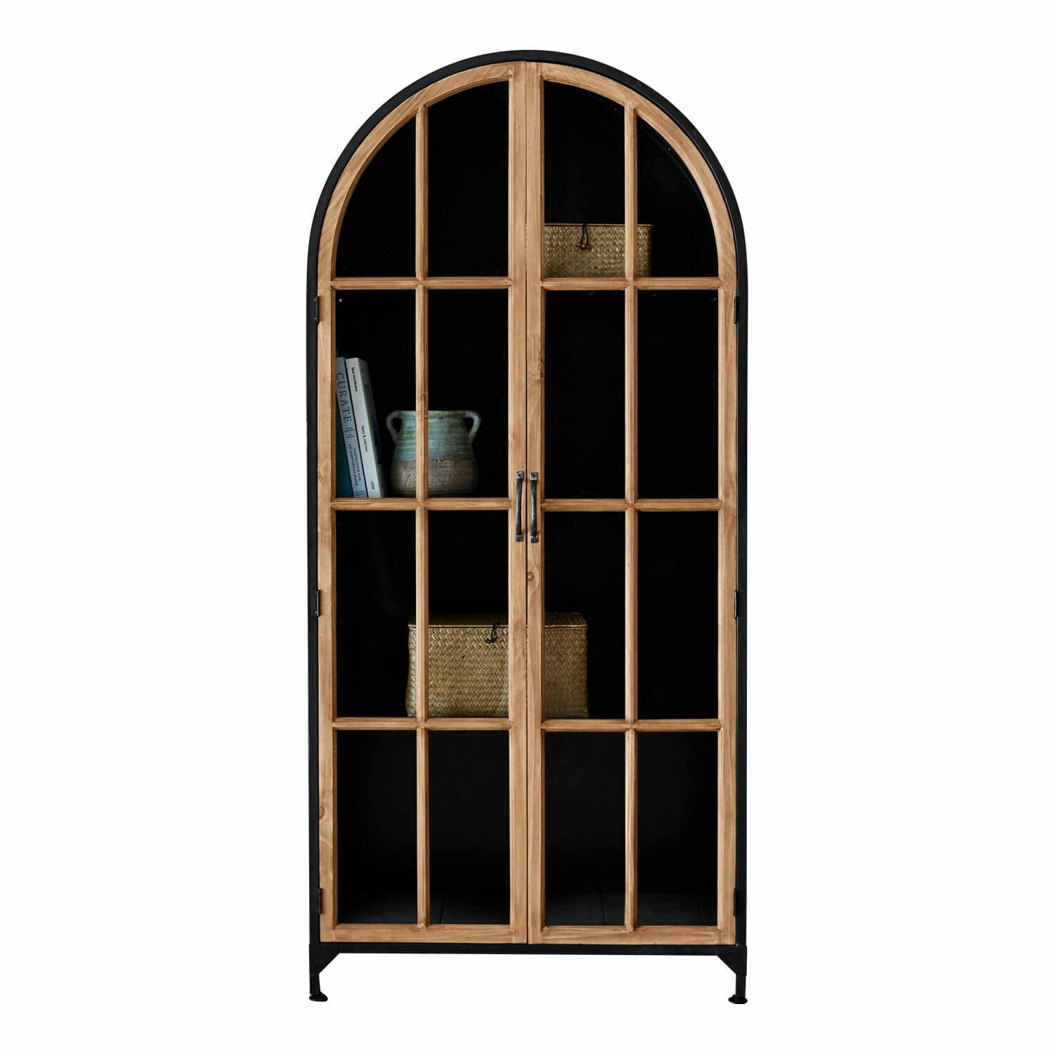 Schrank Mardilly Vitrine aus Holz und schwarzem Metall mit Glastüren und Regalen für dekorative Aufbewahrung