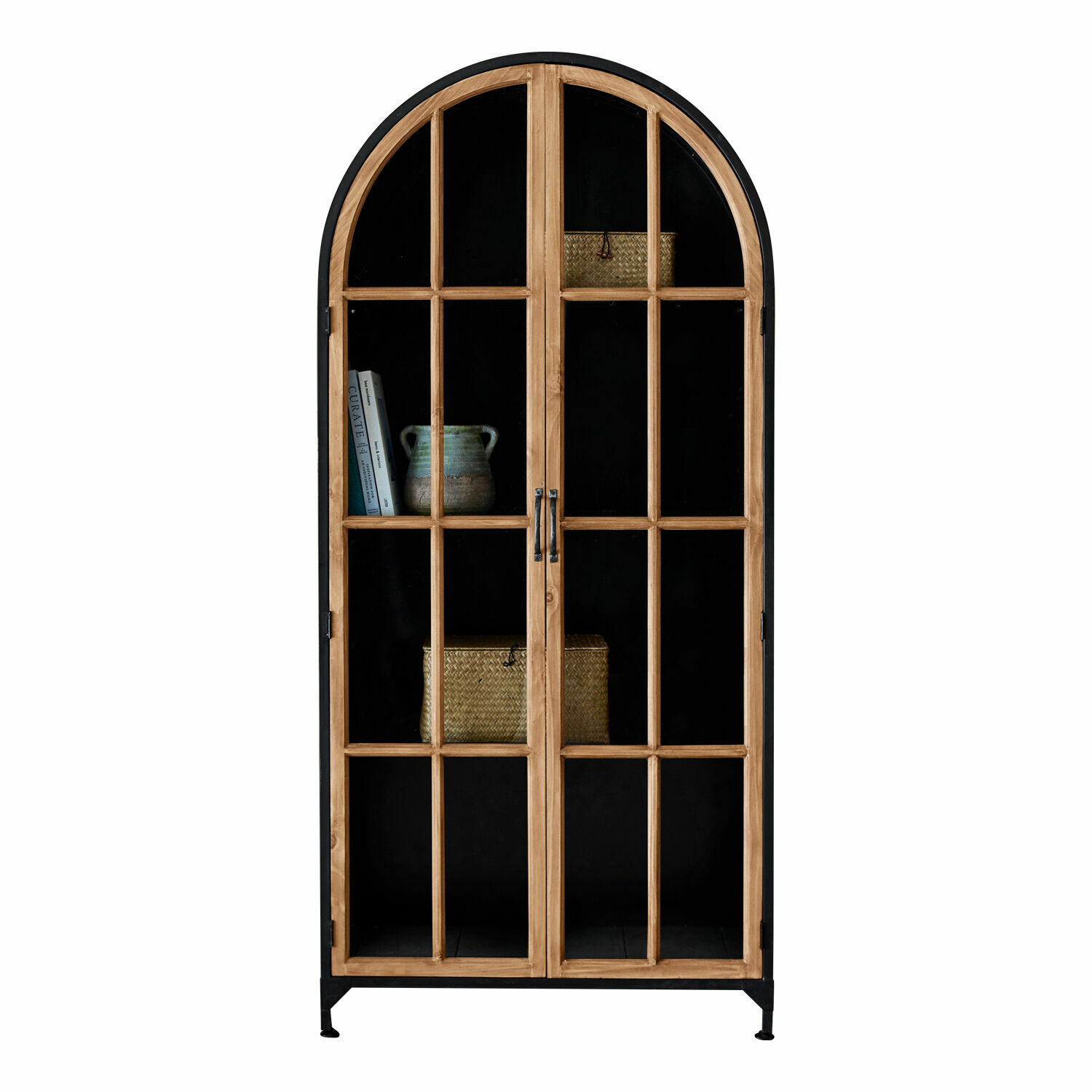 Schrank Mardilly Vitrine aus Holz und schwarzem Metall mit Glastüren und Regalen für dekorative Aufbewahrung