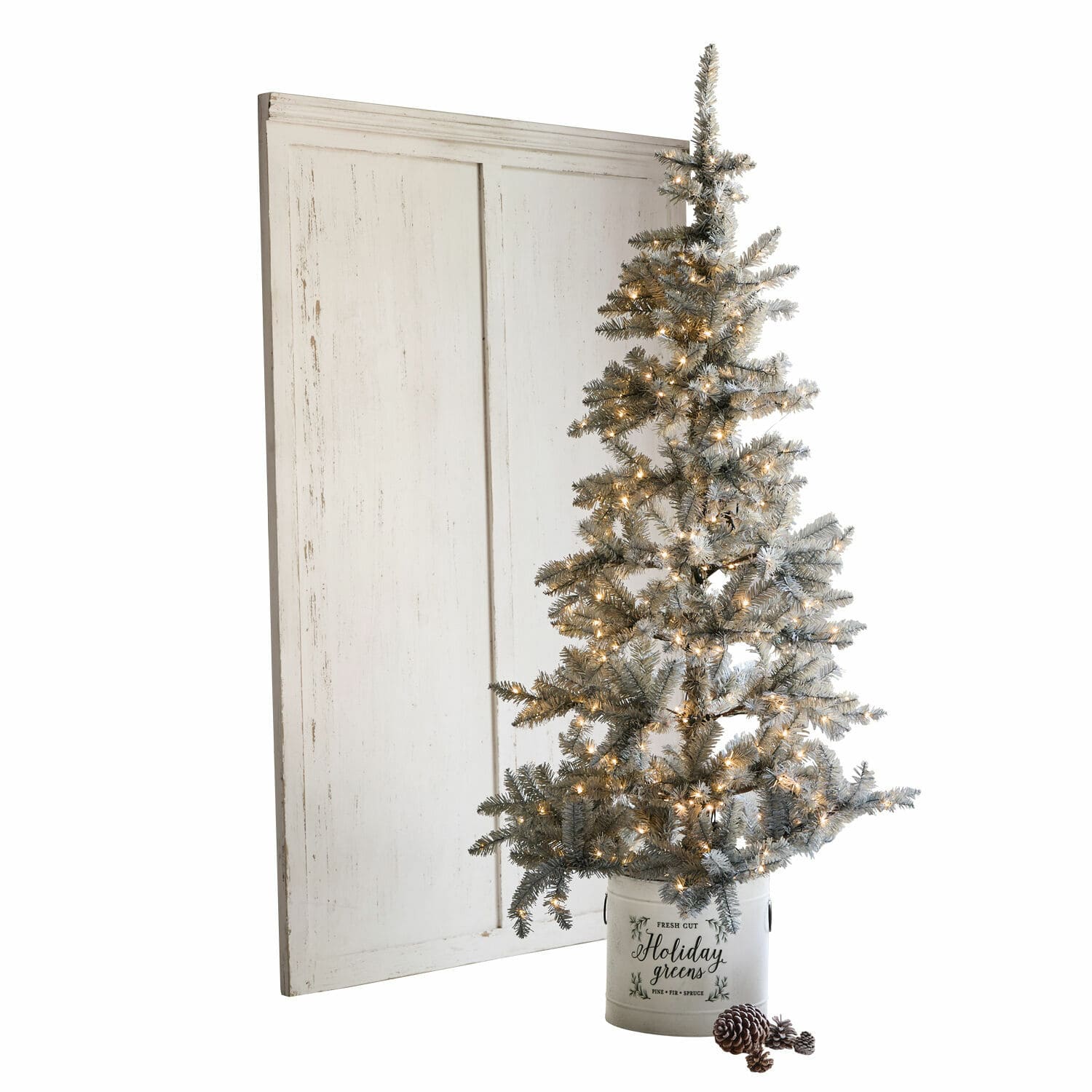 Paneel Evanston Künstlicher Weihnachtsbaum mit LED-Beleuchtung in weißem Metall-Eimer mit Schriftzug Holiday greens