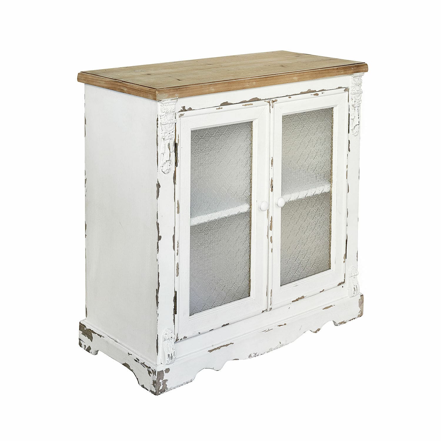 Kommode South Yarmouth Weiße Holzkommode mit Shabby-Chic-Effekt und gemusterten Glastüren, Vintage-Möbel