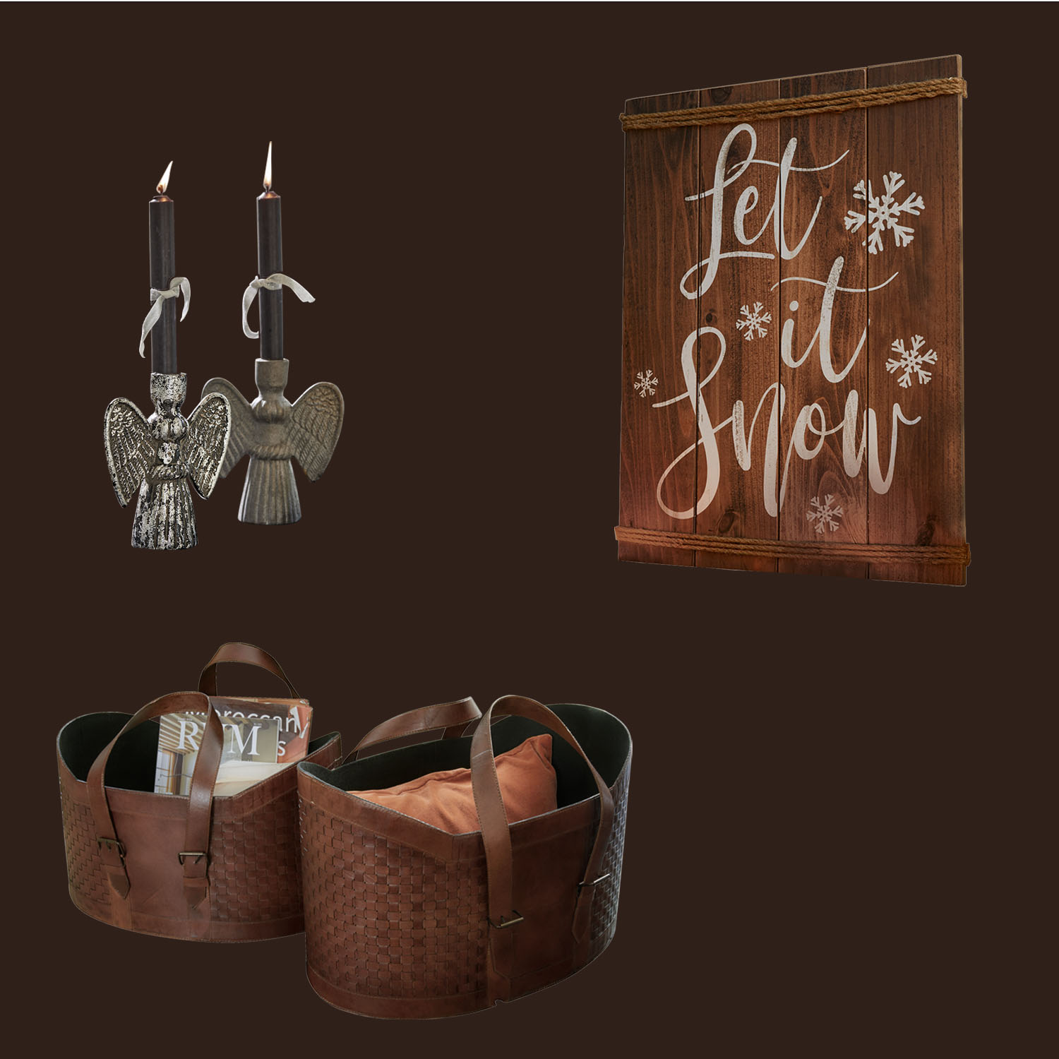 Weihnachtsdeko-Set mit Metall-Engelkerzenhaltern, Holzschild Let it Snow und braunen Lederkörben