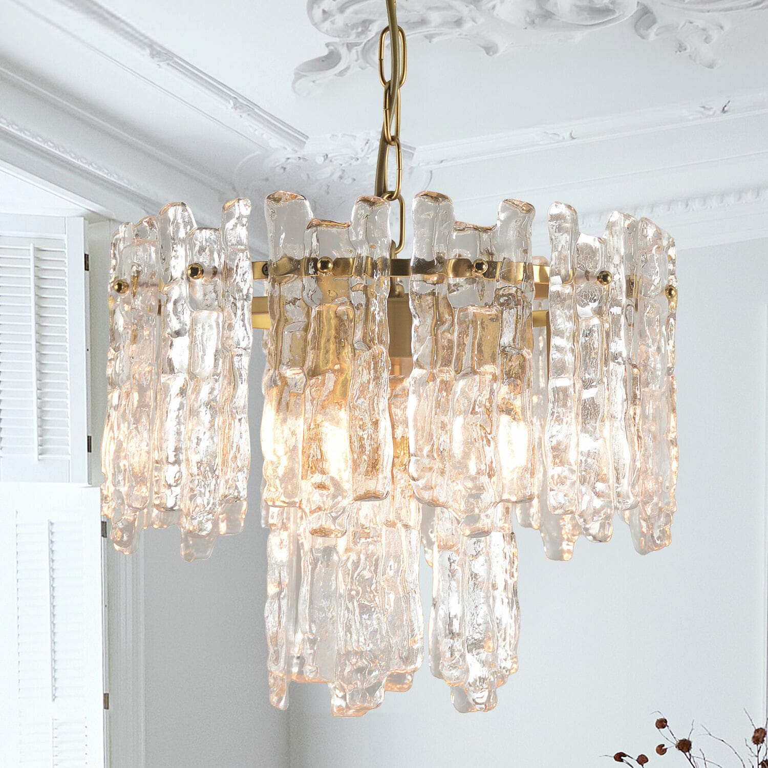 Hängelampe Lanziano Hängelampe aus klarem Glas und goldenem Metall, modernes Design für Wohnzimmer