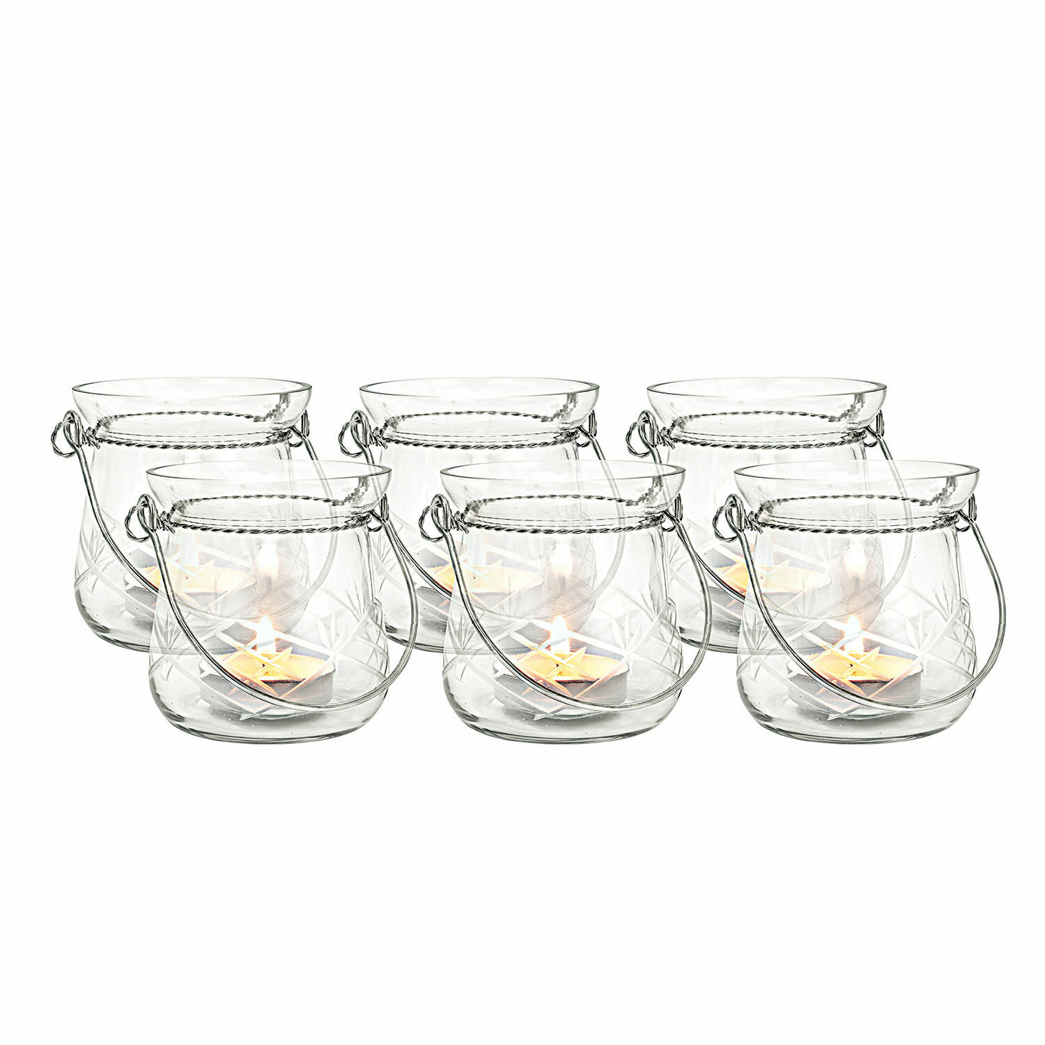Windlichter 6er Set Mathilde Set aus 6 transparenten Glaslaternen mit Griffen und Kerzen für Wohnraumdekoration