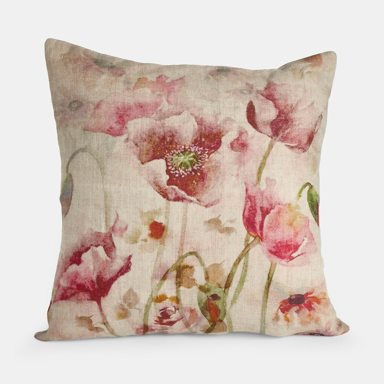 Dekoratives Leinenkissen in Beige mit rosa Blumenmuster, ideal für Wohnzimmer und Schlafzimmer