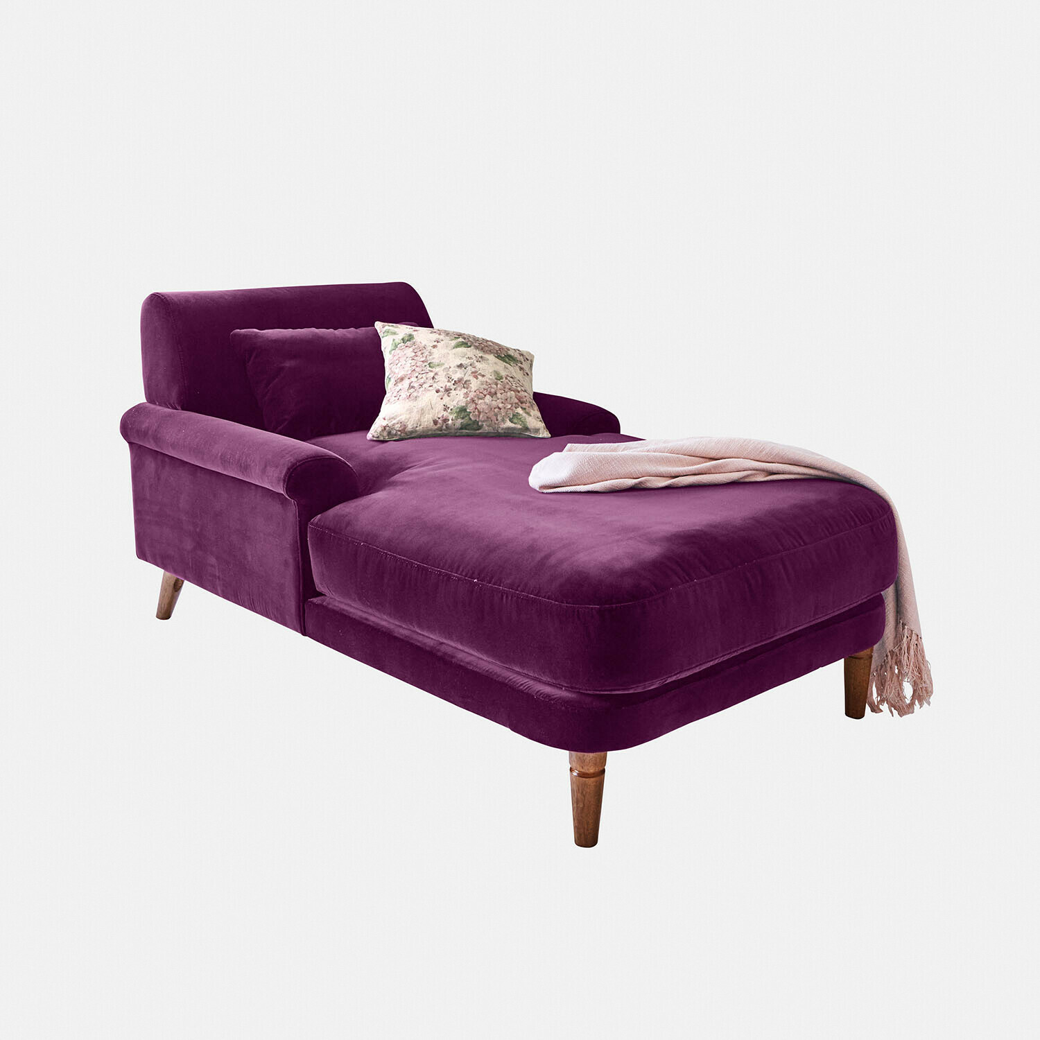 Chaiselounge Jouvrelle Violette Samt-Chaiselongue mit Kissen und rosa Decke, modernes Lounge-Möbel