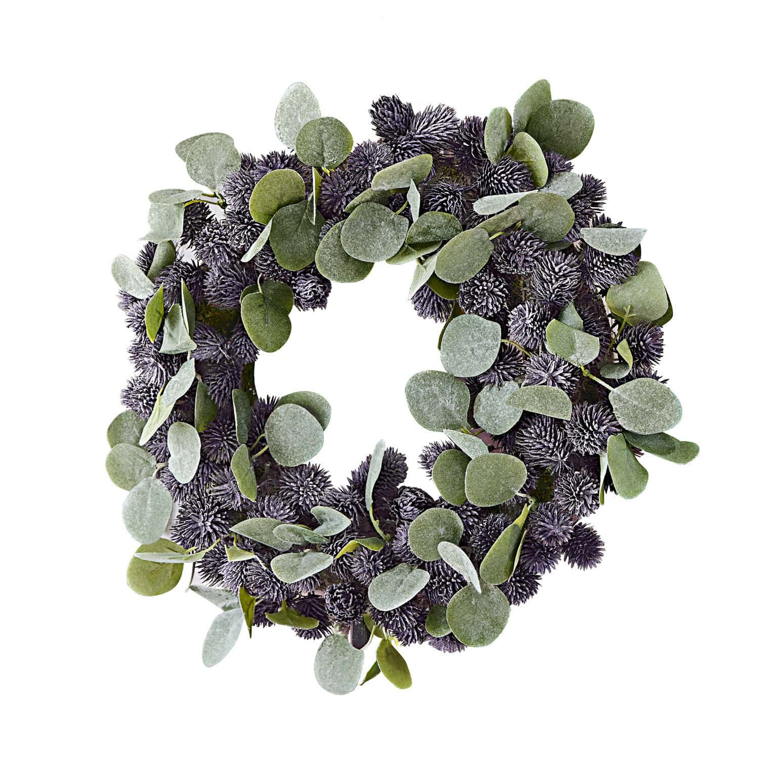Kranz Épine Dekorativer Kranz mit grünen Blättern und violetten Zapfen für festliche Dekoration