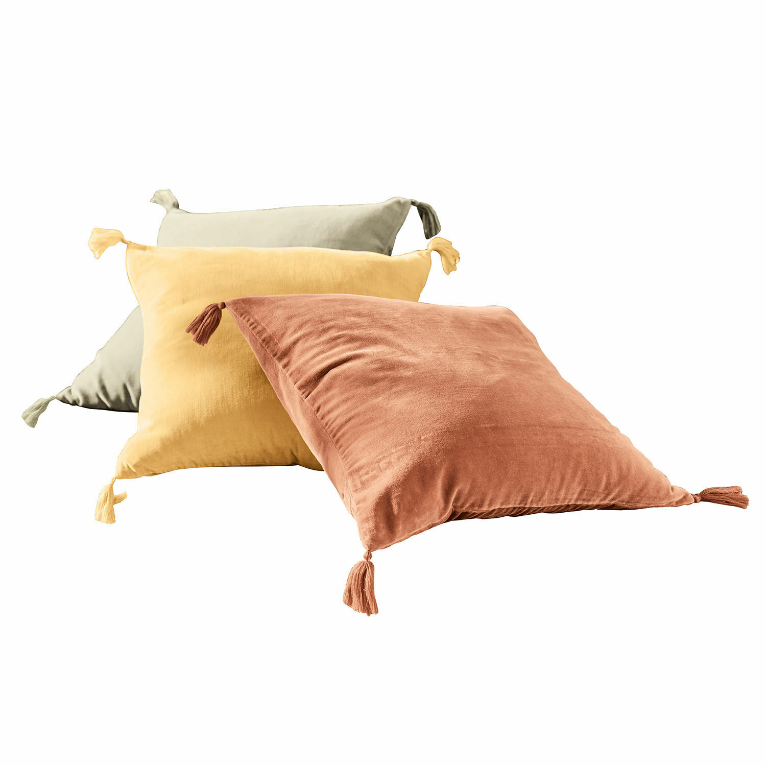 Kissenhülle 3er Set Bedir Set aus drei dekorativen Samtkissen in Beige, Gelb und Terrakotta mit Quasten an den Ecken