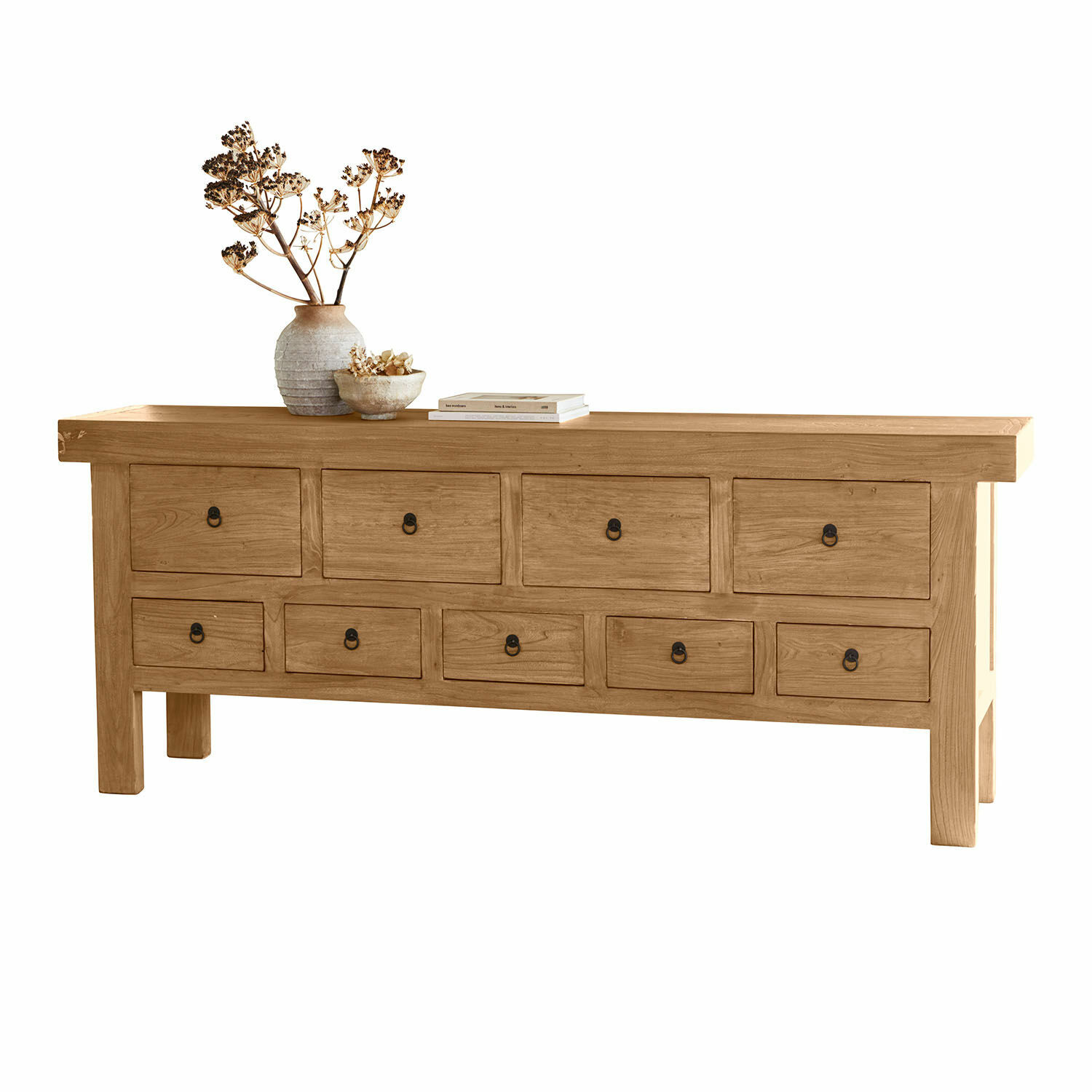 Sideboard Eldonbury Kommode aus hellem Holz mit zehn Schubladen und Dekoration aus getrockneten Blumen