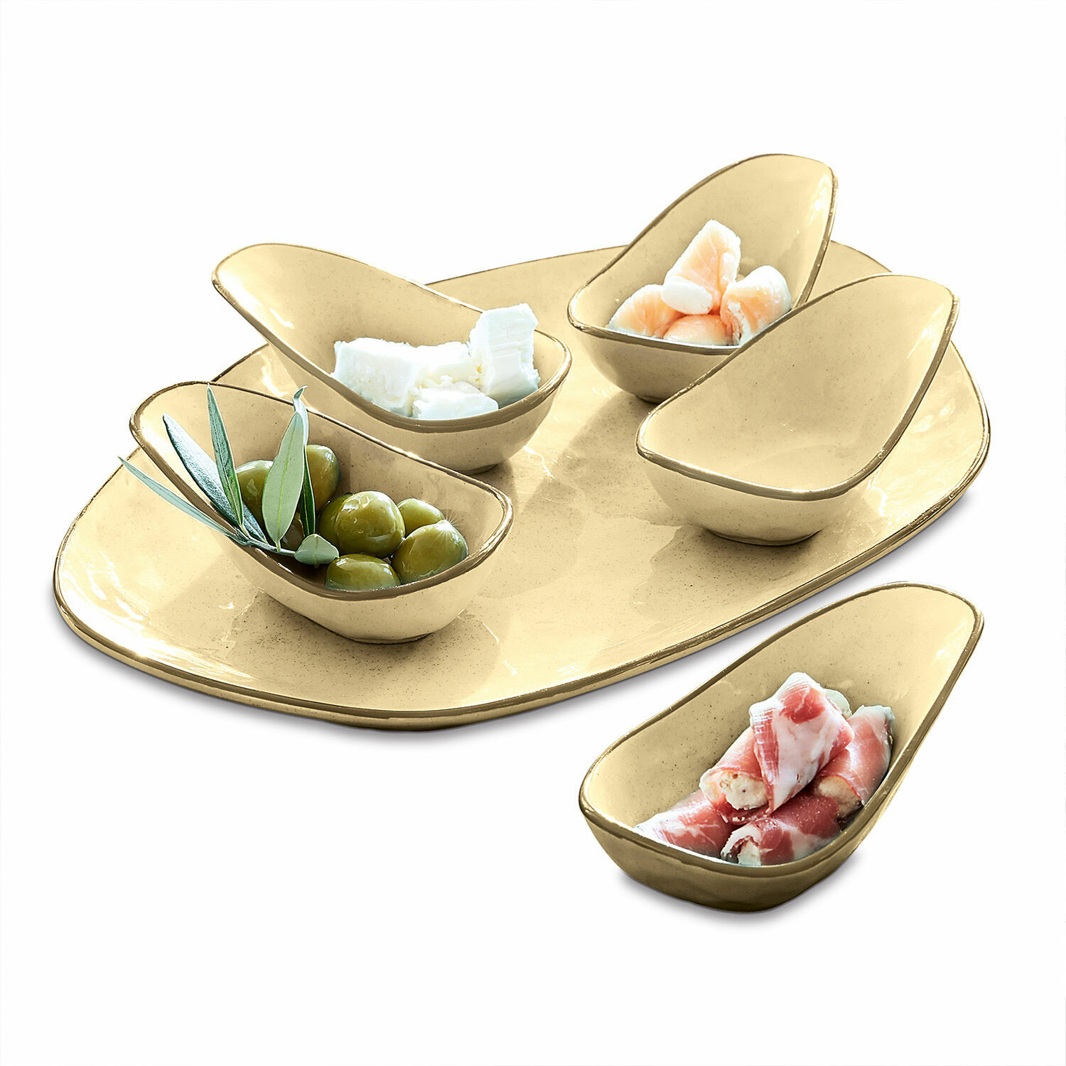 Servierschälchen 6er Set Biarré Beiges Keramik-Set mit Schälchen und Platte zum Servieren von Snacks und Oliven