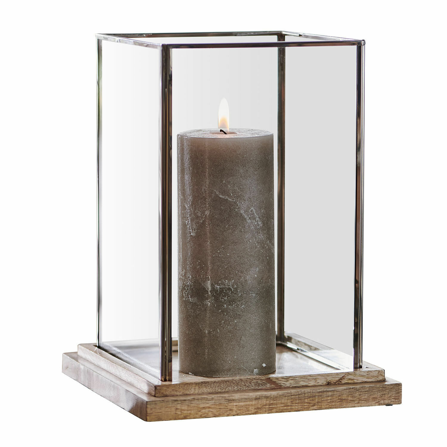 Windlicht Storrs Glaslaterne mit Metallrahmen und Holzsockel, graue brennende Kerze innen