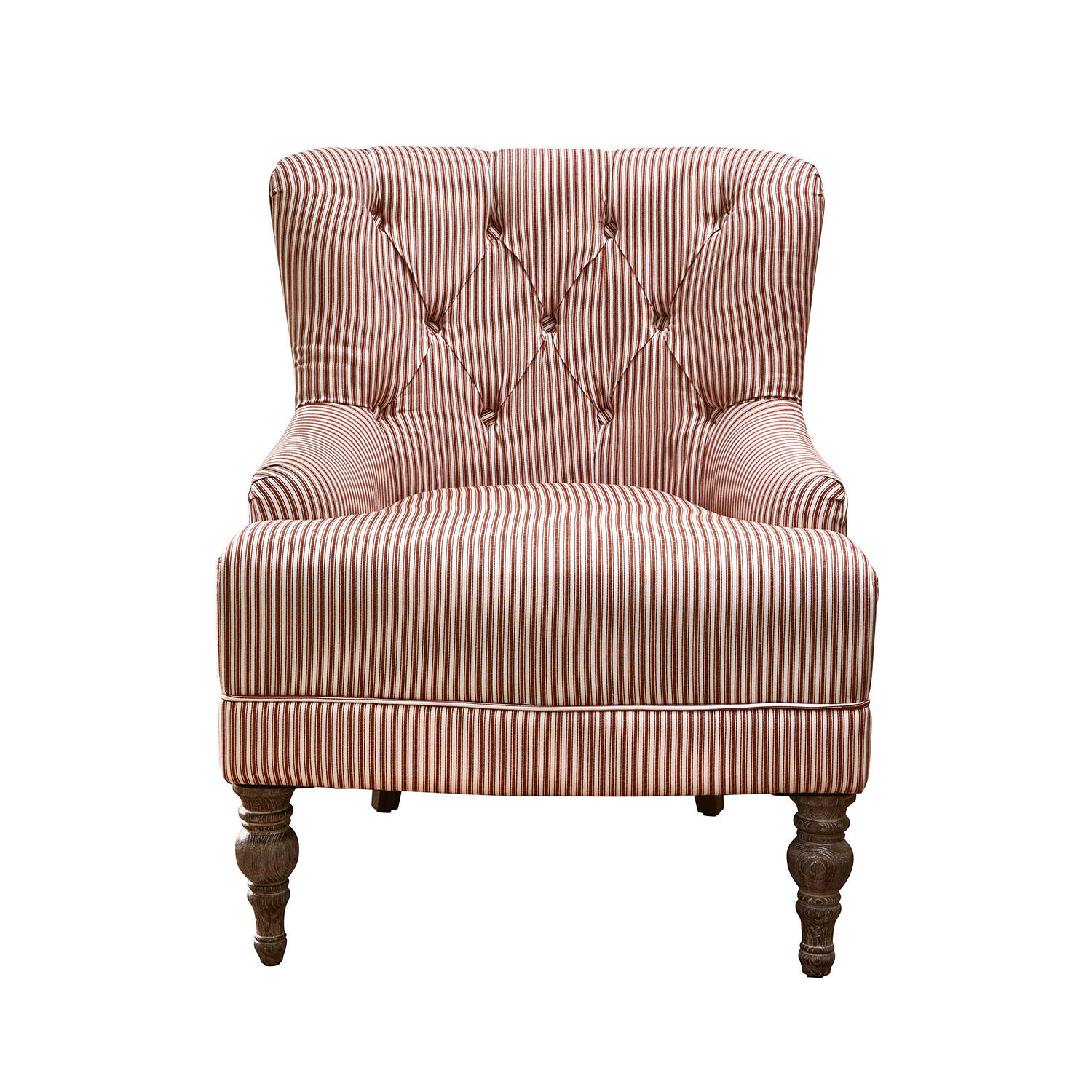 Sessel Amuran in rostrot-weiß gestreift mit gepolstertem Rücken und gedrechselten Holzbeinen, bequemer Sitz
