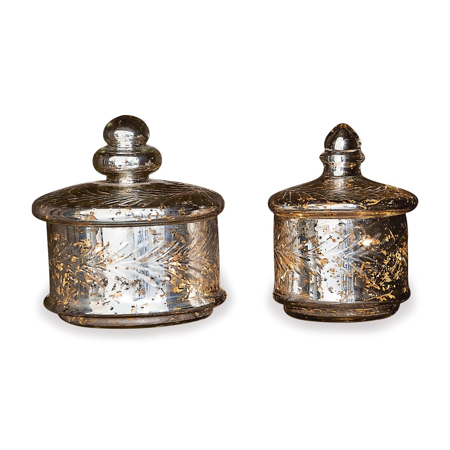 Glasdose 2er Set Elexa Set aus zwei Glasbehältern mit Deckeln, silber-goldene Verzierungen, Wohnaccessoire