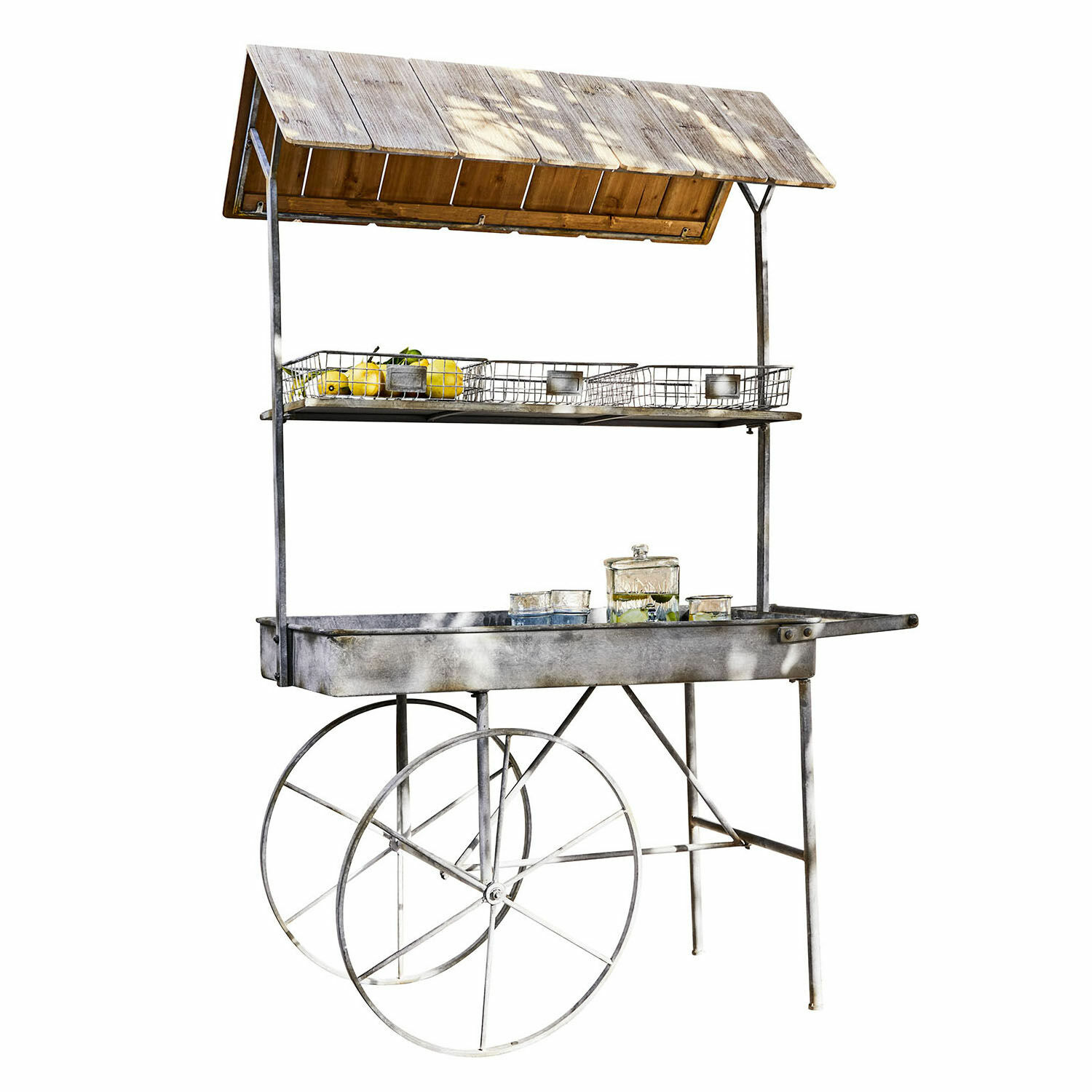 Pflanztisch Granby Metalliger Marktstandwagen mit Holzdach und Ablagefläche im Vintage-Stil
